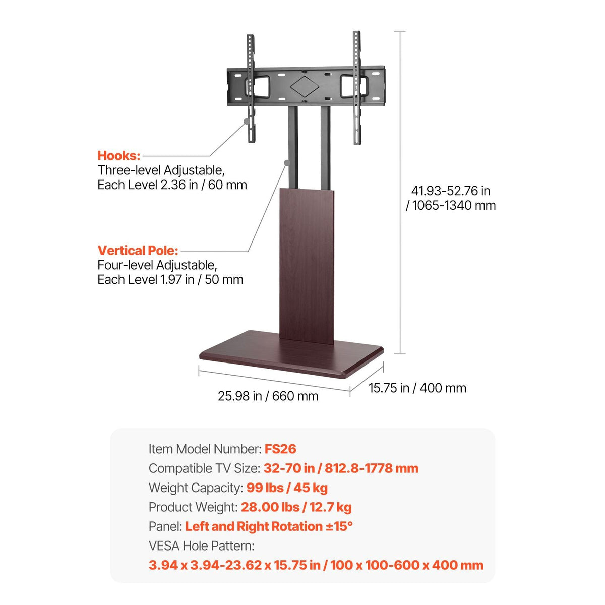 Universal TV Stand, Table Top TV Stand for 32-70 inch Screens, Swivel and Height Adjustable TV Mount Stand Holds up to 99 lbs with Power Strip, for Living Room, Bedroom, MAX VESA 600 x 400 mm