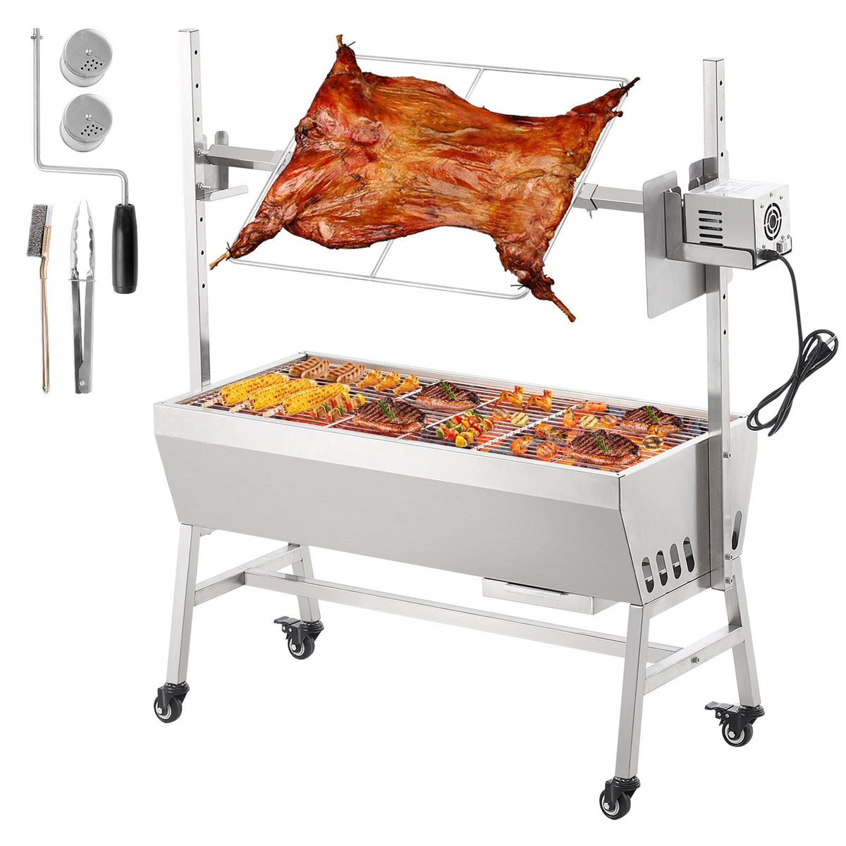 Upgrade Rotisserie Grill, 35 Inch 90 Lbs Capacity, BBQ Whole Pig Lamb Goat Charcoal Spit Grill, Electric 42W Motor Stainless Steel Rotisserie Roaster with Lockable Wheels, for Camping Outdoor