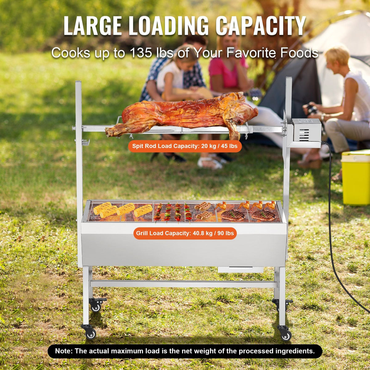 Upgrade Rotisserie Grill, 35 Inch 90 Lbs Capacity, BBQ Whole Pig Lamb Goat Charcoal Spit Grill, Electric 42W Motor Stainless Steel Rotisserie Roaster with Lockable Wheels, for Camping Outdoor