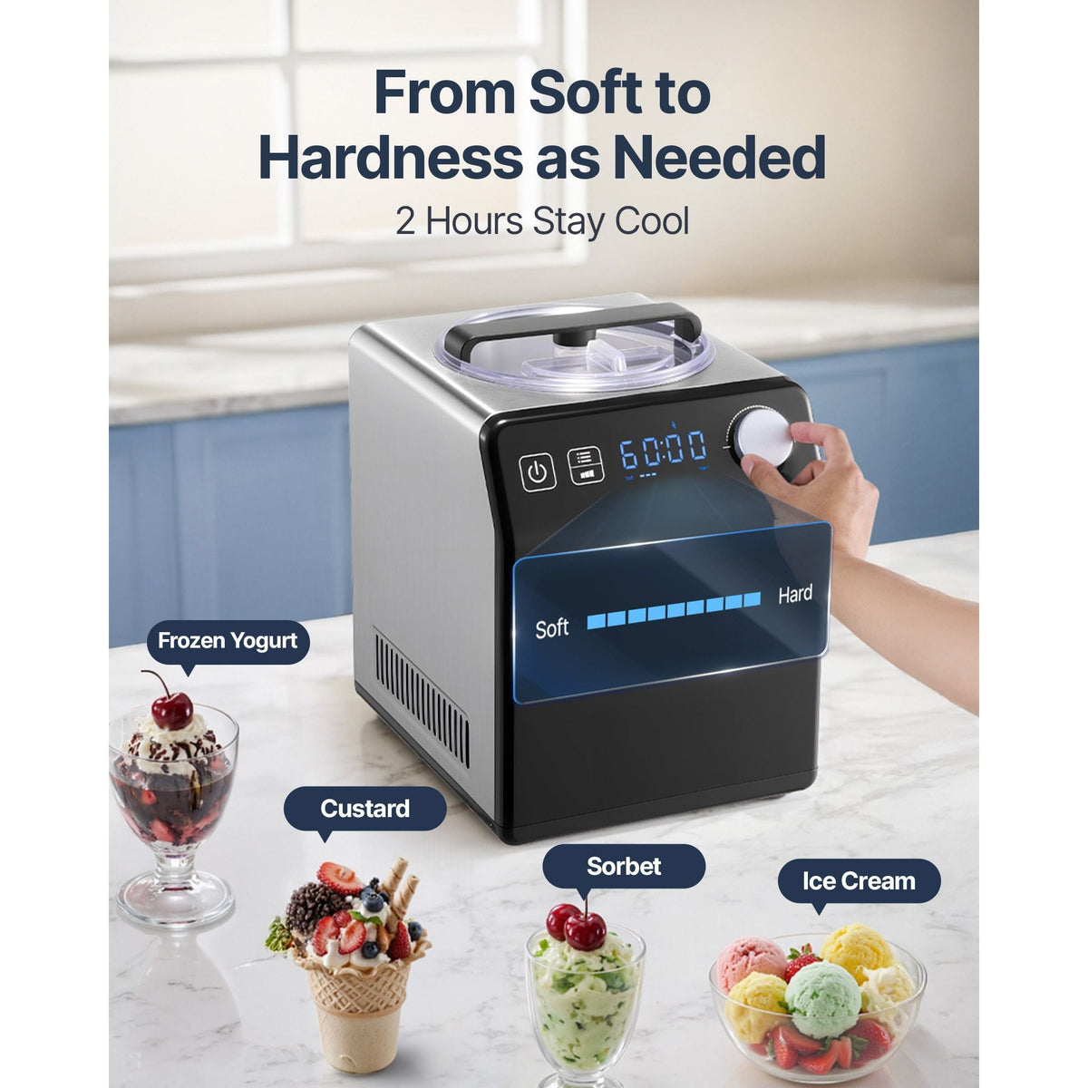 Upright Automatic Ice Cream Maker with Built-in Compressor, 2 Quart No Pre-freezing Fruit Yogurt Machine, Stainless Steel Electric Sorbet Maker, 4 Modes Gelato Maker with Digital Display & Timer