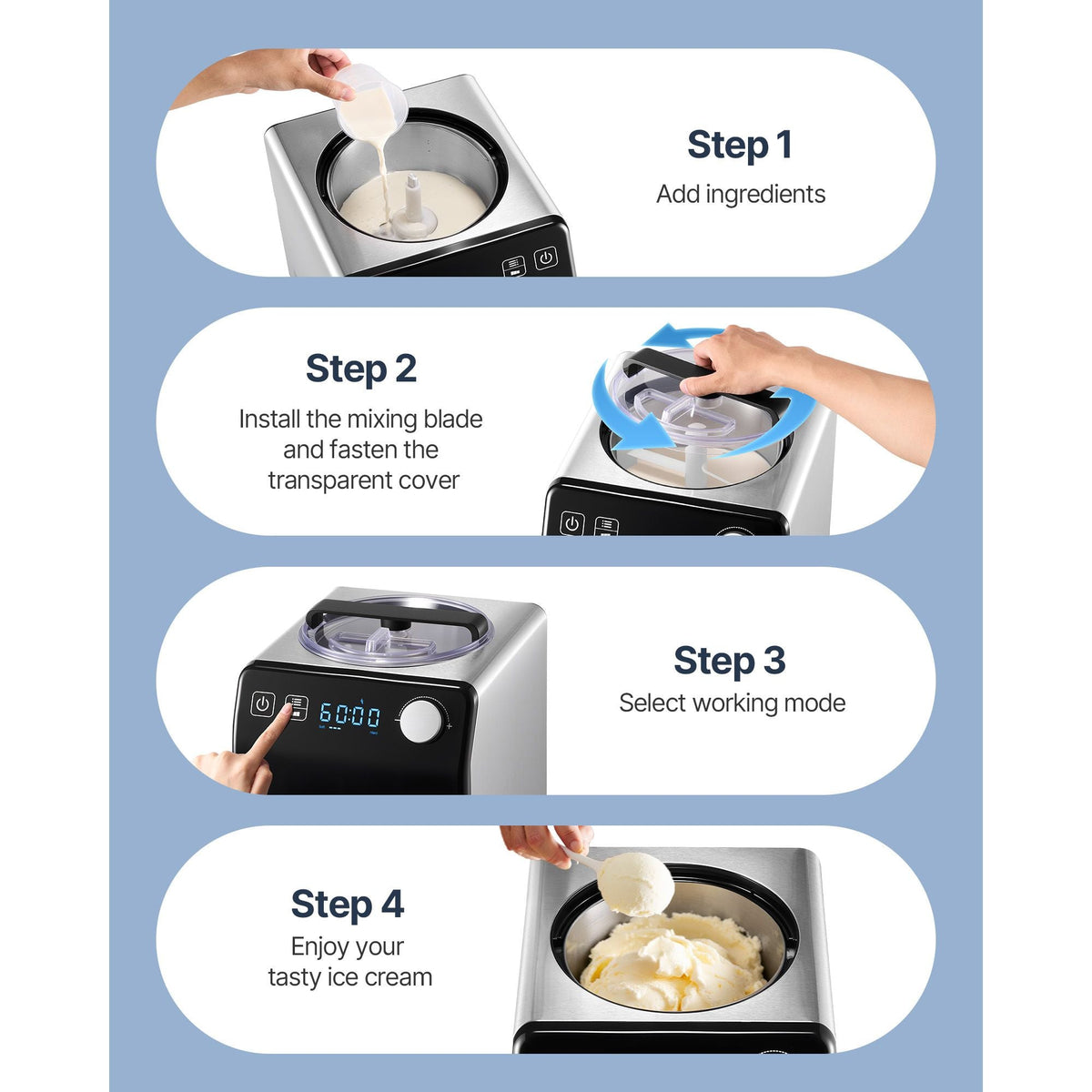 Upright Automatic Ice Cream Maker with Built-in Compressor, 2 Quart No Pre-freezing Fruit Yogurt Machine, Stainless Steel Electric Sorbet Maker, 4 Modes Gelato Maker with Digital Display & Timer
