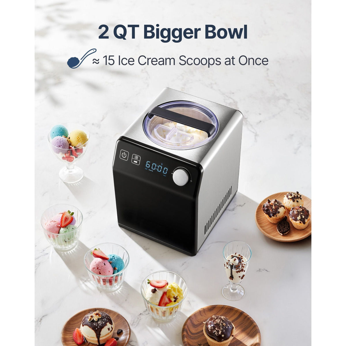 Upright Automatic Ice Cream Maker with Built-in Compressor, 2 Quart No Pre-freezing Fruit Yogurt Machine, Stainless Steel Electric Sorbet Maker, 4 Modes Gelato Maker with Digital Display & Timer