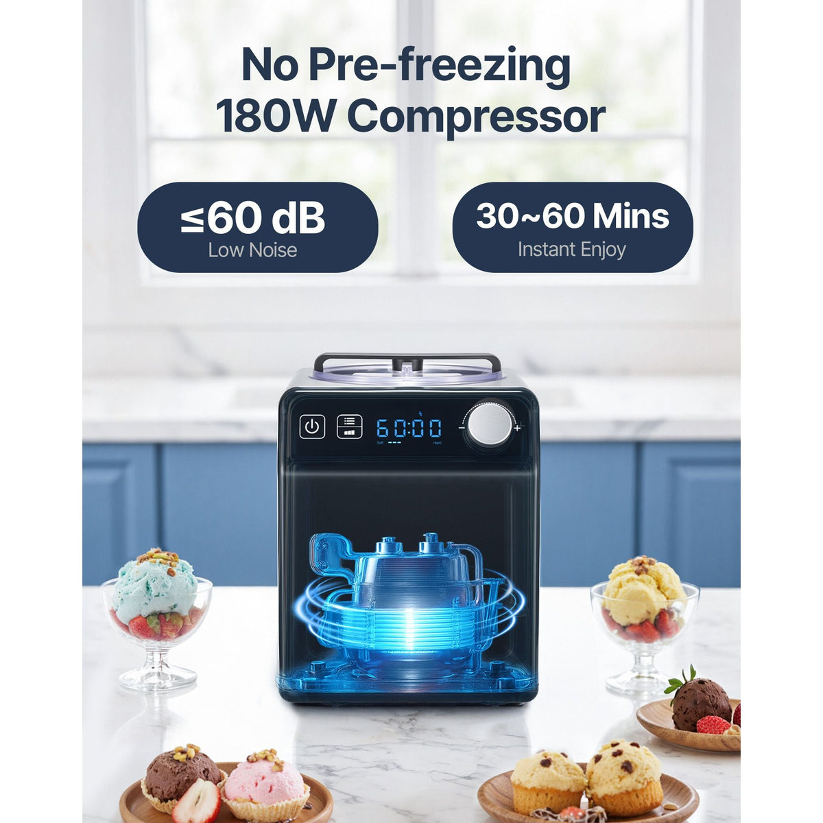 Upright Automatic Ice Cream Maker with Built-in Compressor, 2 Quart No Pre-freezing Fruit Yogurt Machine, Stainless Steel Electric Sorbet Maker, 4 Modes Gelato Maker with Digital Display & Timer