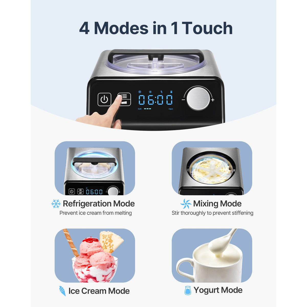 Upright Automatic Ice Cream Maker with Built-in Compressor, 2 Quart No Pre-freezing Fruit Yogurt Machine, Stainless Steel Electric Sorbet Maker, 4 Modes Gelato Maker with Digital Display & Timer