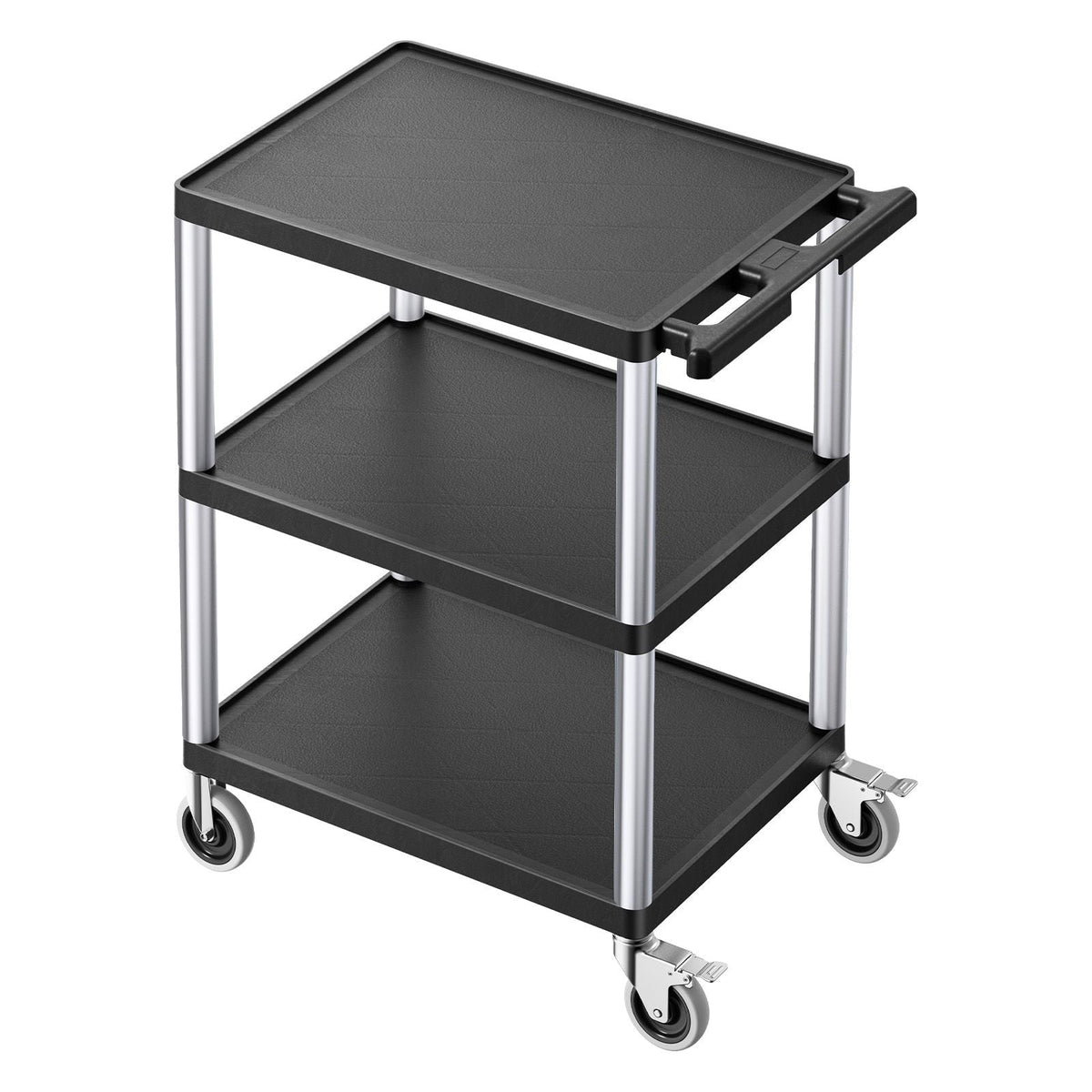 Utility Cart, 300 lbs Load Capacity, 27.6 x 18.1-inch Service Cart, Three-Shelf Heavy Duty Plastic Utility Cart with 360° Swivel Wheels (2 with Brakes), Suitable for Warehouse, Garage, Cleaning
