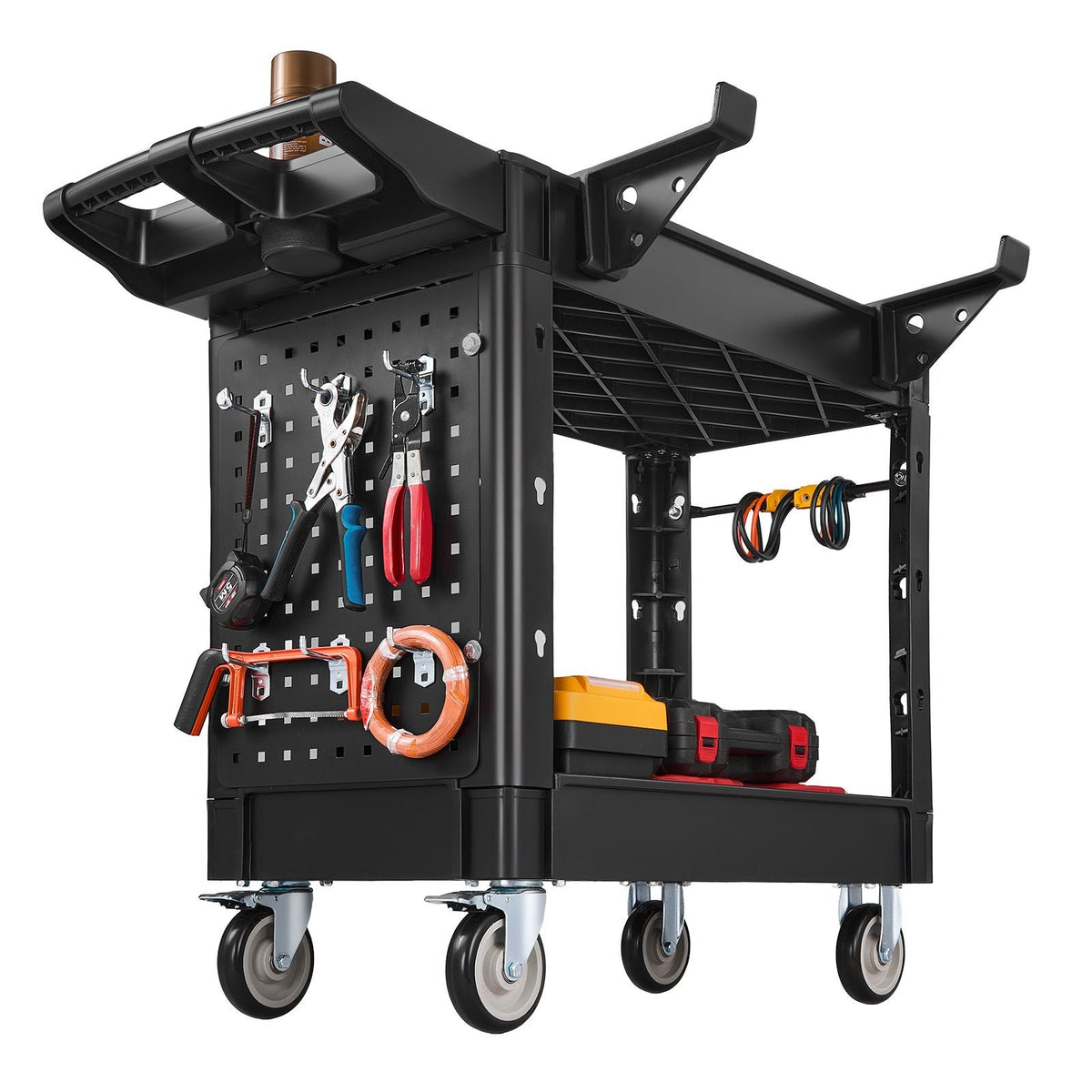 Utility Cart, 550 lbs Capacity, 2 Tier Service Cart with 360° Swivel & Fixed Wheels (2 with Brakes), Heavy Duty Plastic Rolling with Tray and Pegboard, Tool Storage for Garage Warehouse Workshop