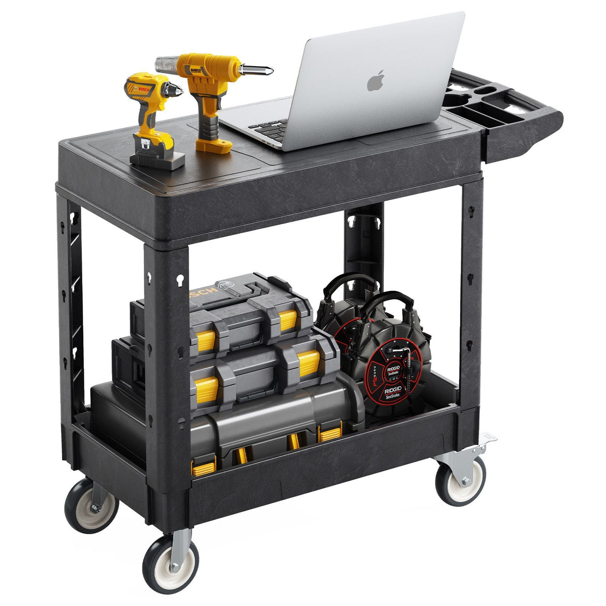 Utility Cart, 550 lbs Load Capacity, 31.3 x 17.7-inch Service Cart, Two-Shelf Heavy Duty Plastic Utility Cart with 360° Swivel Wheels (2 with Brakes), Suitable for Warehouse, Garage, Cleaning