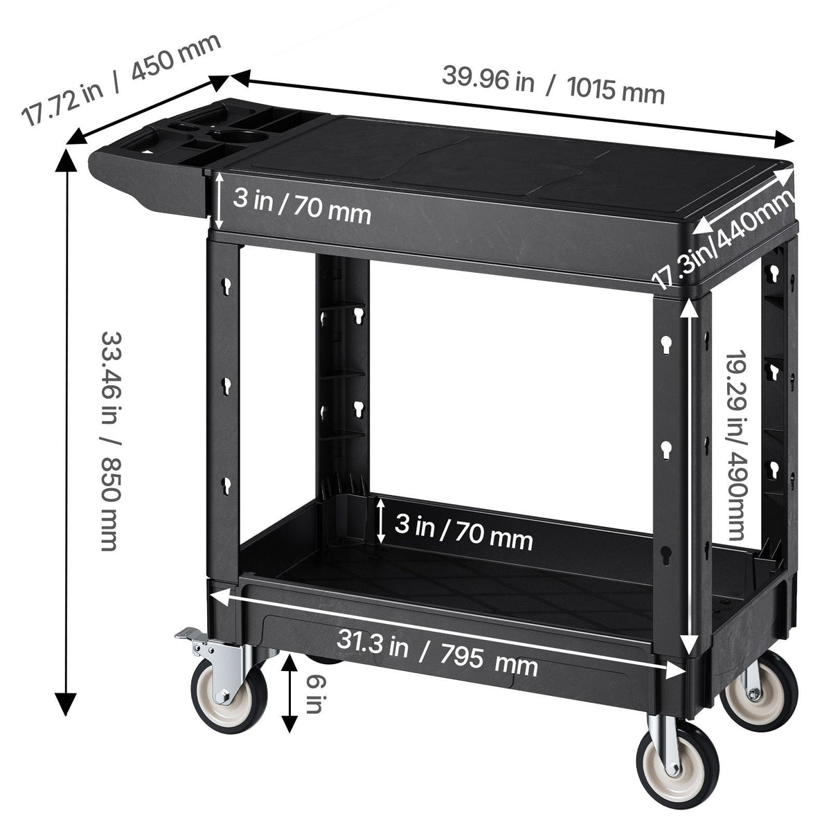 Utility Cart, 550 lbs Load Capacity, 31.3 x 17.7-inch Service Cart, Two-Shelf Heavy Duty Plastic Utility Cart with 360° Swivel Wheels (2 with Brakes), Suitable for Warehouse, Garage, Cleaning
