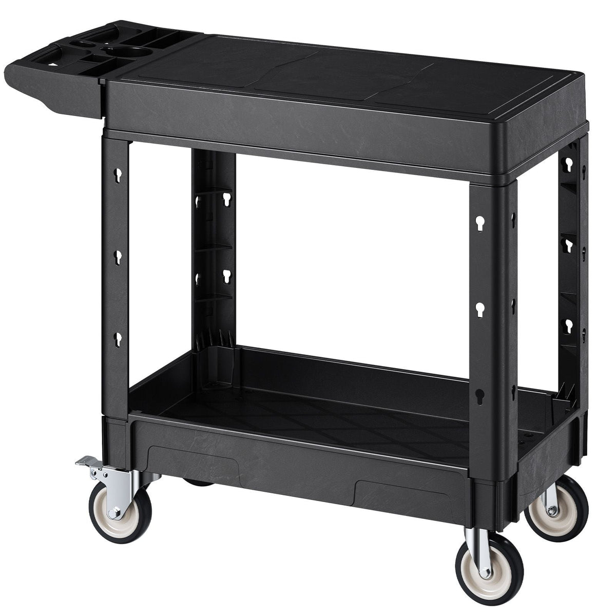 Utility Cart, 550 lbs Load Capacity, 31.3 x 17.7-inch Service Cart, Two-Shelf Heavy Duty Plastic Utility Cart with 360° Swivel Wheels (2 with Brakes), Suitable for Warehouse, Garage, Cleaning