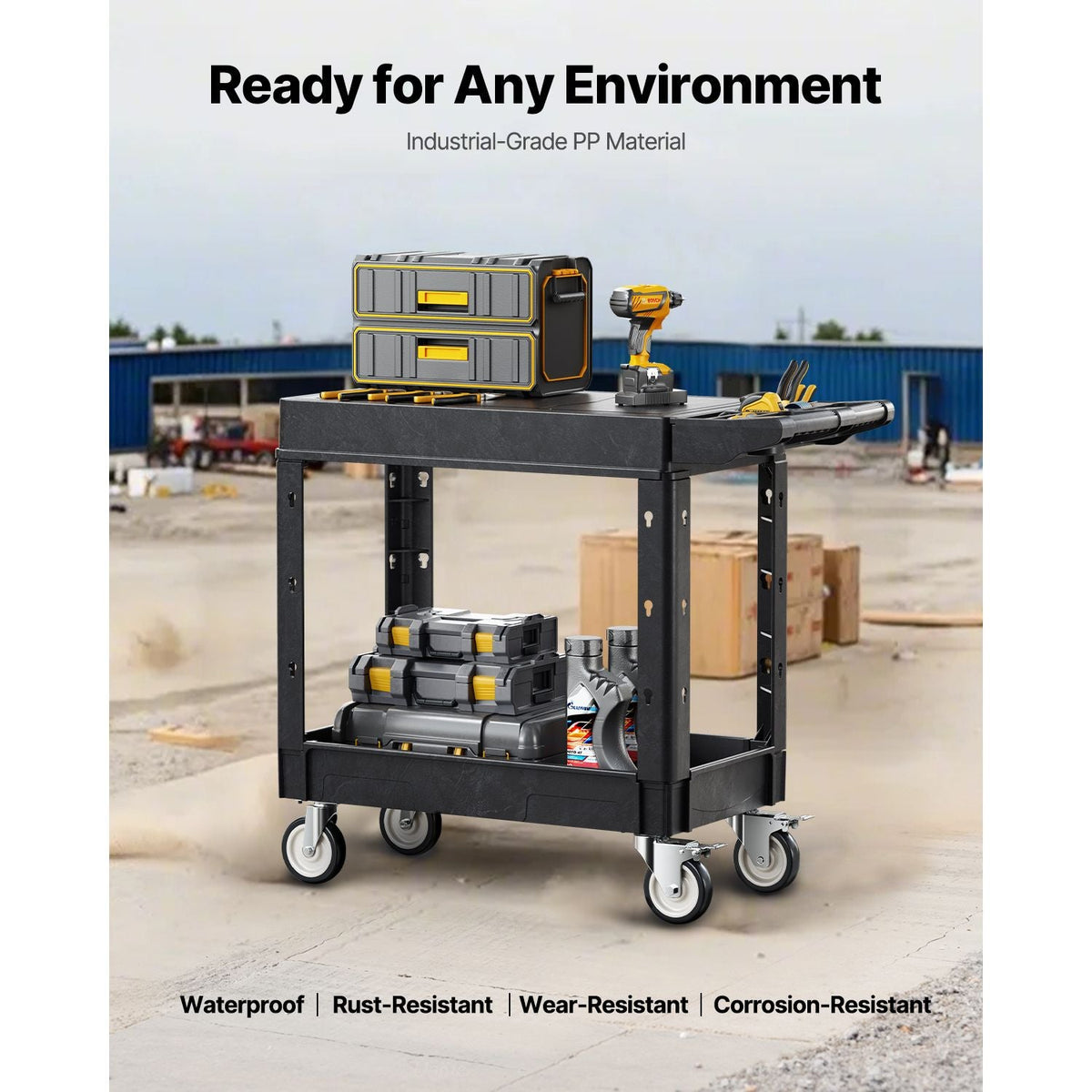 Utility Cart, 550 lbs Load Capacity, 31.3 x 17.7-inch Service Cart, Two-Shelf Heavy Duty Plastic Utility Cart with 360° Swivel Wheels (2 with Brakes), Suitable for Warehouse, Garage, Cleaning