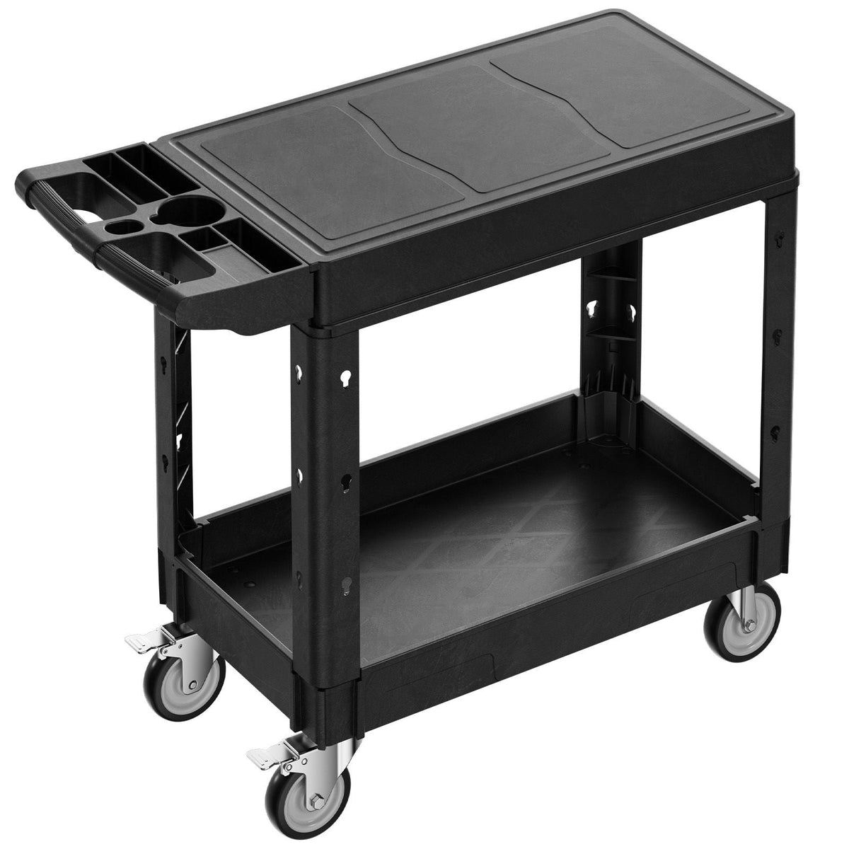 Utility Cart, 550 lbs Load Capacity, 31.3 x 17.7-inch Service Cart, Two-Shelf Heavy Duty Plastic Utility Cart with 360° Swivel Wheels (2 with Brakes), Suitable for Warehouse, Garage, Cleaning