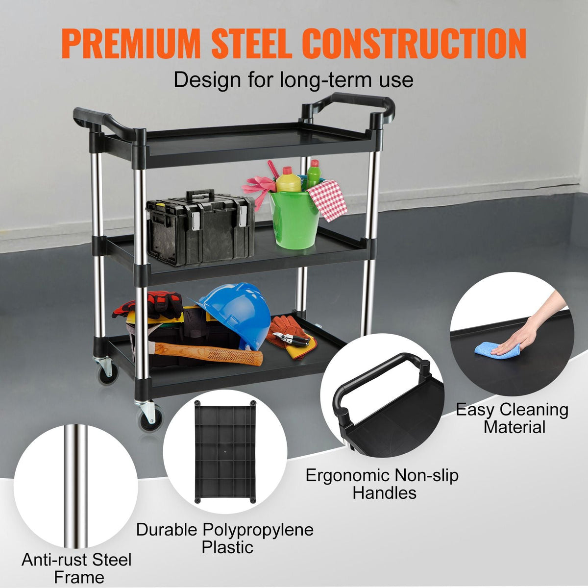 Utility Service Cart, 3 Shelf Heavy Duty 220LBS Food Service Cart, Rolling Utility Cart with Lockable Wheels, 40" x 19.3" x 38.6" Plastic Utility Cart for Kitchen Office Restaurant Home, Black