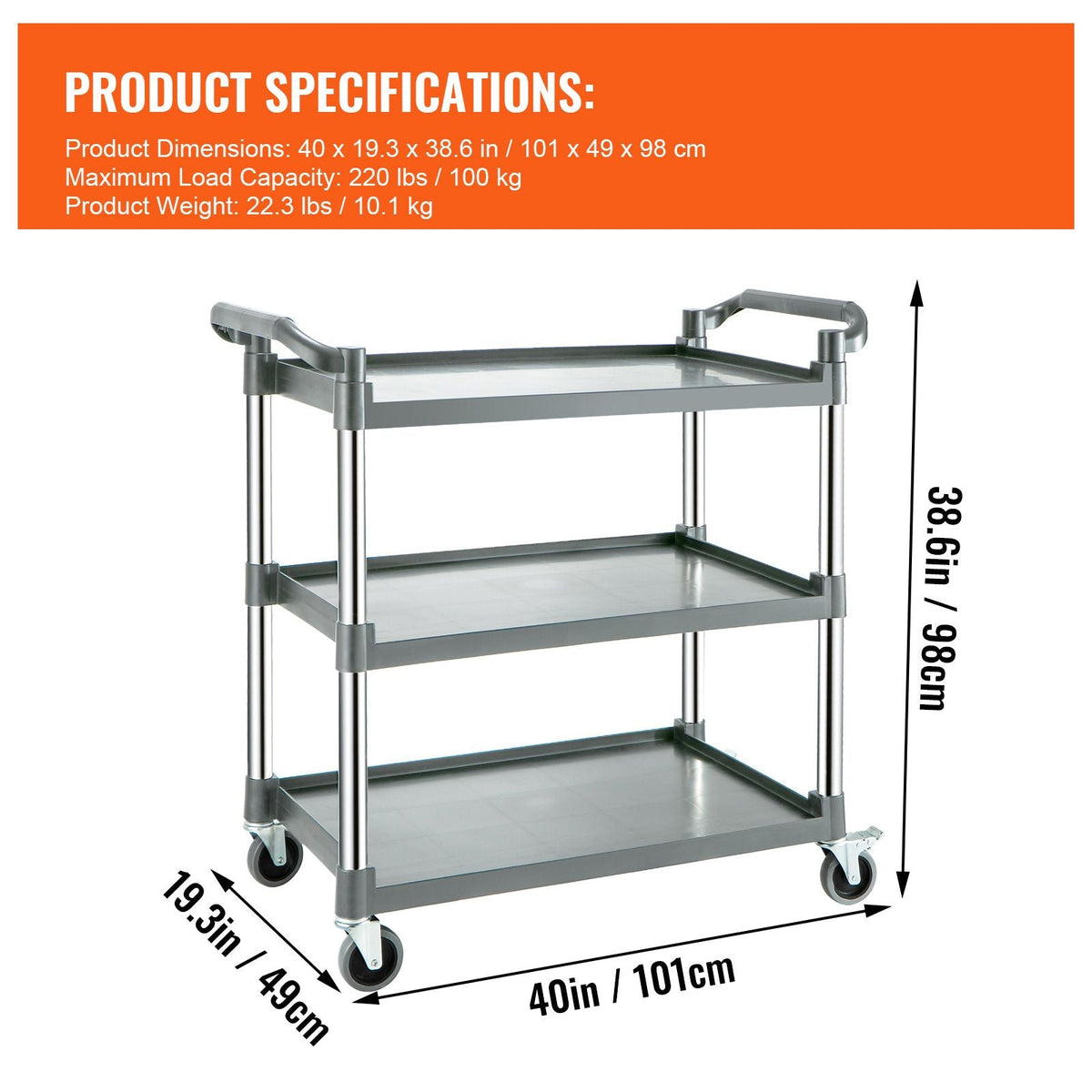 Utility Service Cart, 3 Shelf Heavy Duty 220LBS Food Service Cart, Rolling Utility Cart with Lockable Wheels, 40" x 19.3" x 38.6" Plastic Utility Cart for Kitchen Office Restaurant Home, Grey