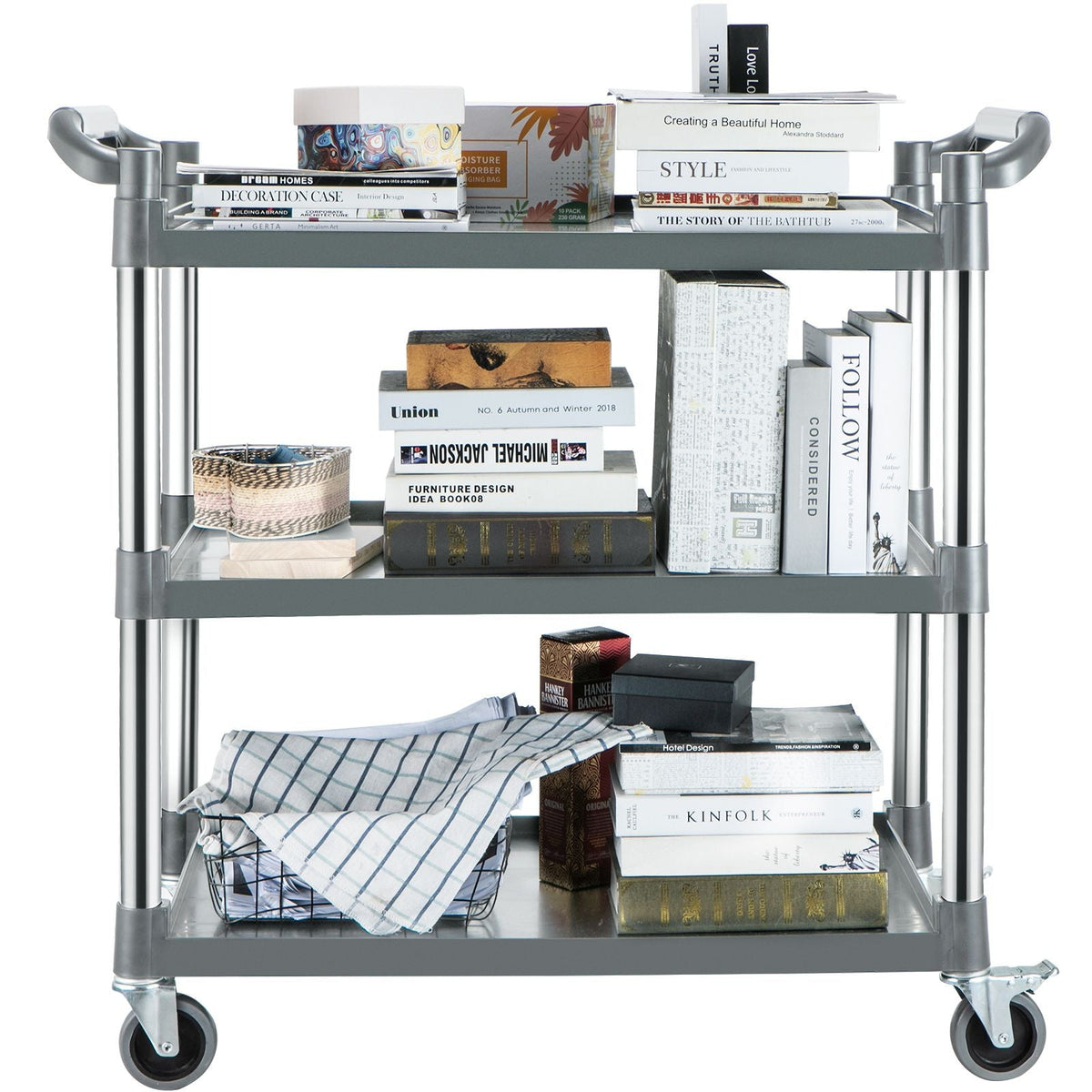 Utility Service Cart, 3 Shelf Heavy Duty 220LBS Food Service Cart, Rolling Utility Cart with Lockable Wheels, 40" x 19.3" x 38.6" Plastic Utility Cart for Kitchen Office Restaurant Home, Grey