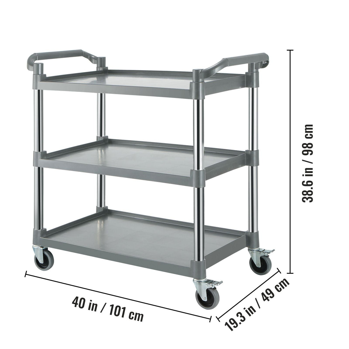 Utility Service Cart, 3 Shelf Heavy Duty 220LBS Food Service Cart, Rolling Utility Cart with Lockable Wheels, 40" x 19.3" x 38.6" Plastic Utility Cart for Kitchen Office Restaurant Home, Grey