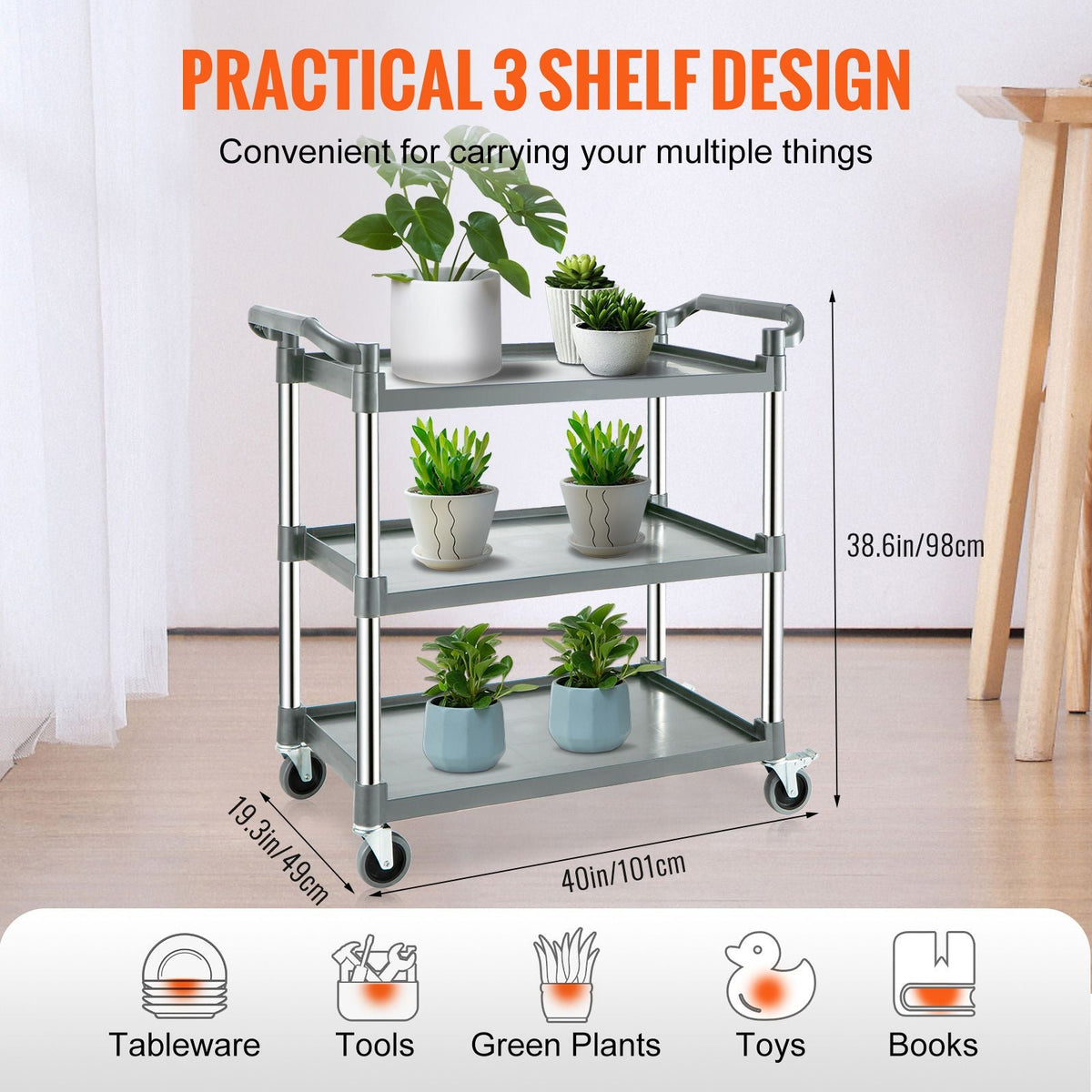 Utility Service Cart, 3 Shelf Heavy Duty 220LBS Food Service Cart, Rolling Utility Cart with Lockable Wheels, 40" x 19.3" x 38.6" Plastic Utility Cart for Kitchen Office Restaurant Home, Grey
