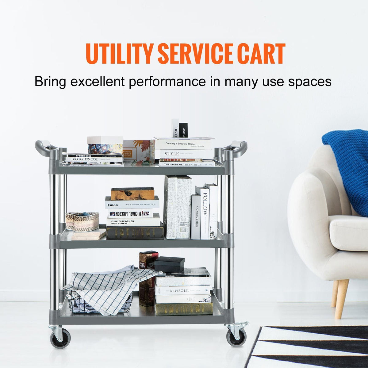 Utility Service Cart, 3 Shelf Heavy Duty 220LBS Food Service Cart, Rolling Utility Cart with Lockable Wheels, 40" x 19.3" x 38.6" Plastic Utility Cart for Kitchen Office Restaurant Home, Grey