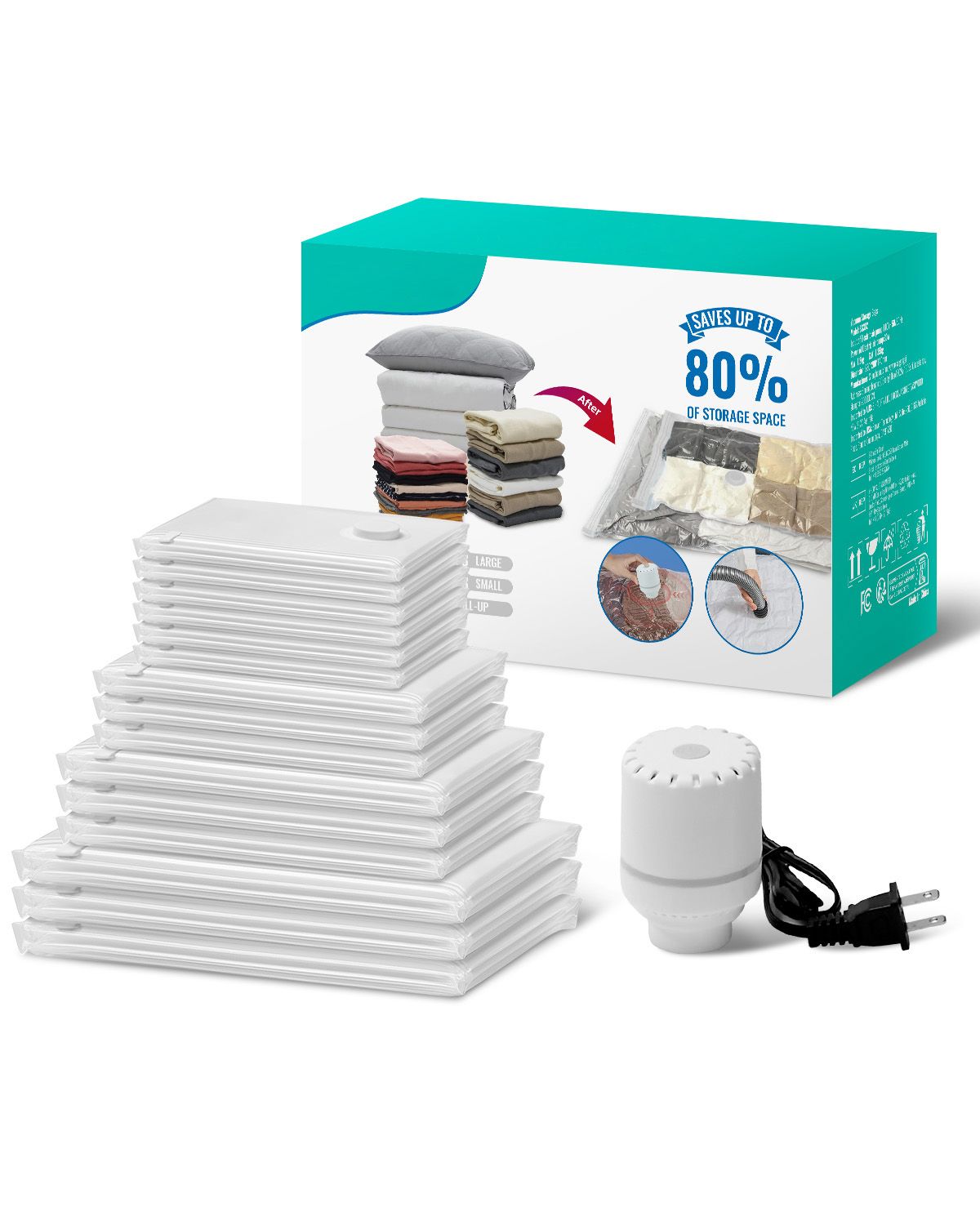 Vacuum Storage Bags, 15 Pack Space Saver Seal Bag(3 Jumbo/3 Large/3 Medium/3 Small/3 Roll), Compression Airtight Zipper Space Bags with Electric Pump, for Cloth, Bedding, Blanket, Pillow, Travel
