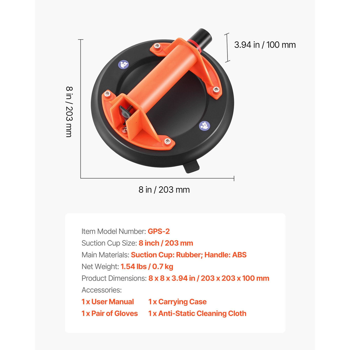 Vacuum Suction Cup, 8-Inch Vacuum Glass Lifter with ABS Handle, 400 lbs Max Lifting Capacity Tile Suction Cup Tool with Carrying Case for Lifting Large Tile, Granite, Drywall, Windows (1-Pack)