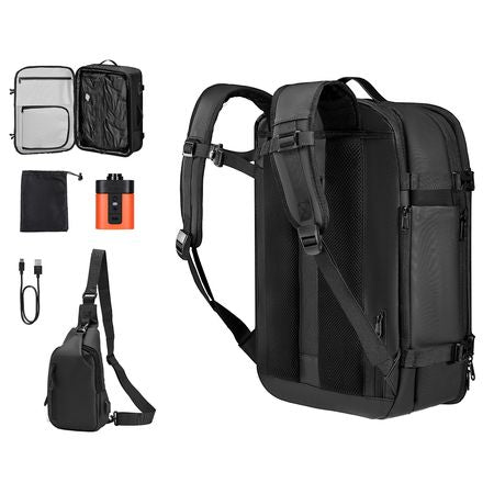 Vacuum Travel Backpack, 65L, Expandable Vacuum Seal Compression Travel Backpack with Pump, with TSA-Approved Lock, Airback Vacpack, Water-Resistant Carry-On Suitcase Luggage, for Business, Black