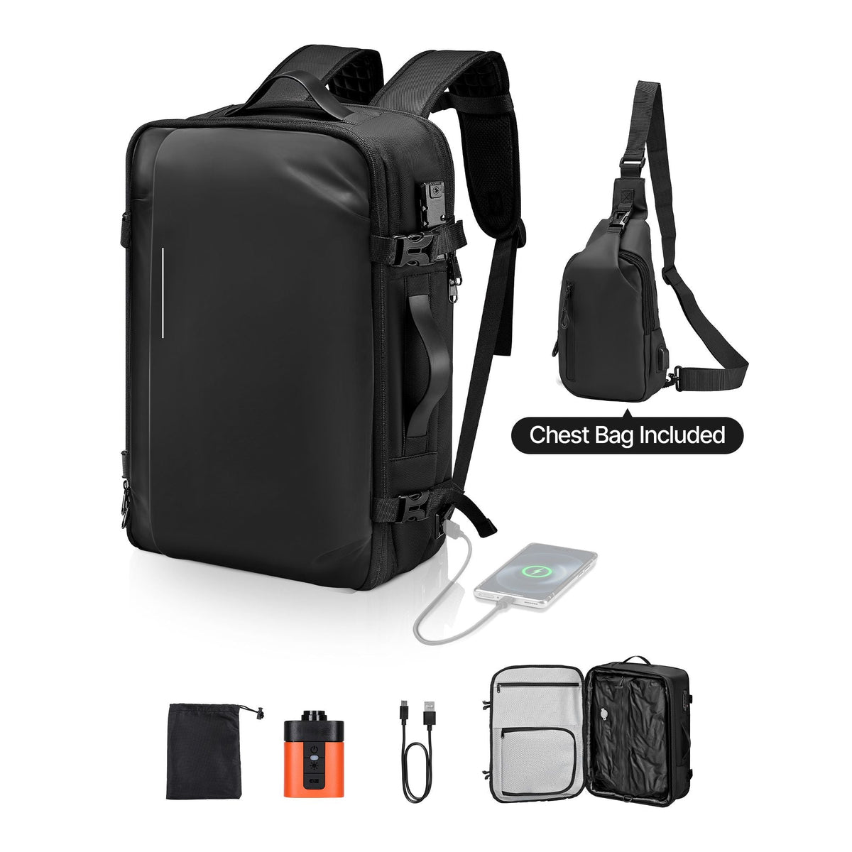 Vacuum Travel Backpack, 65L, Expandable Vacuum Seal Compression Travel Backpack with Pump, with TSA-Approved Lock, Airback Vacpack, Water-Resistant Carry-On Suitcase Luggage, for Business, Black