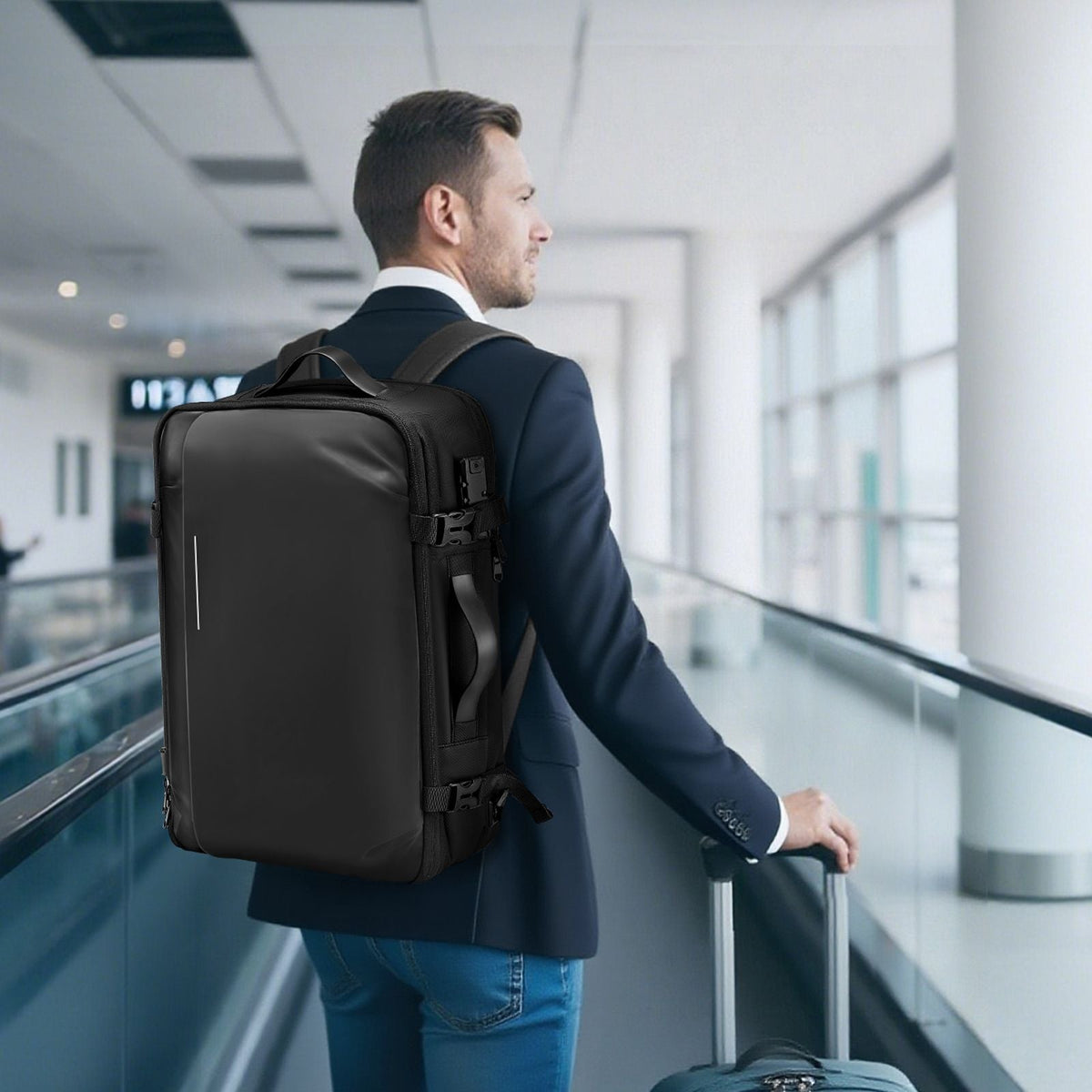 Vacuum Travel Backpack, 65L, Expandable Vacuum Seal Compression Travel Backpack with Pump, with TSA-Approved Lock, Airback Vacpack, Water-Resistant Carry-On Suitcase Luggage, for Business, Black