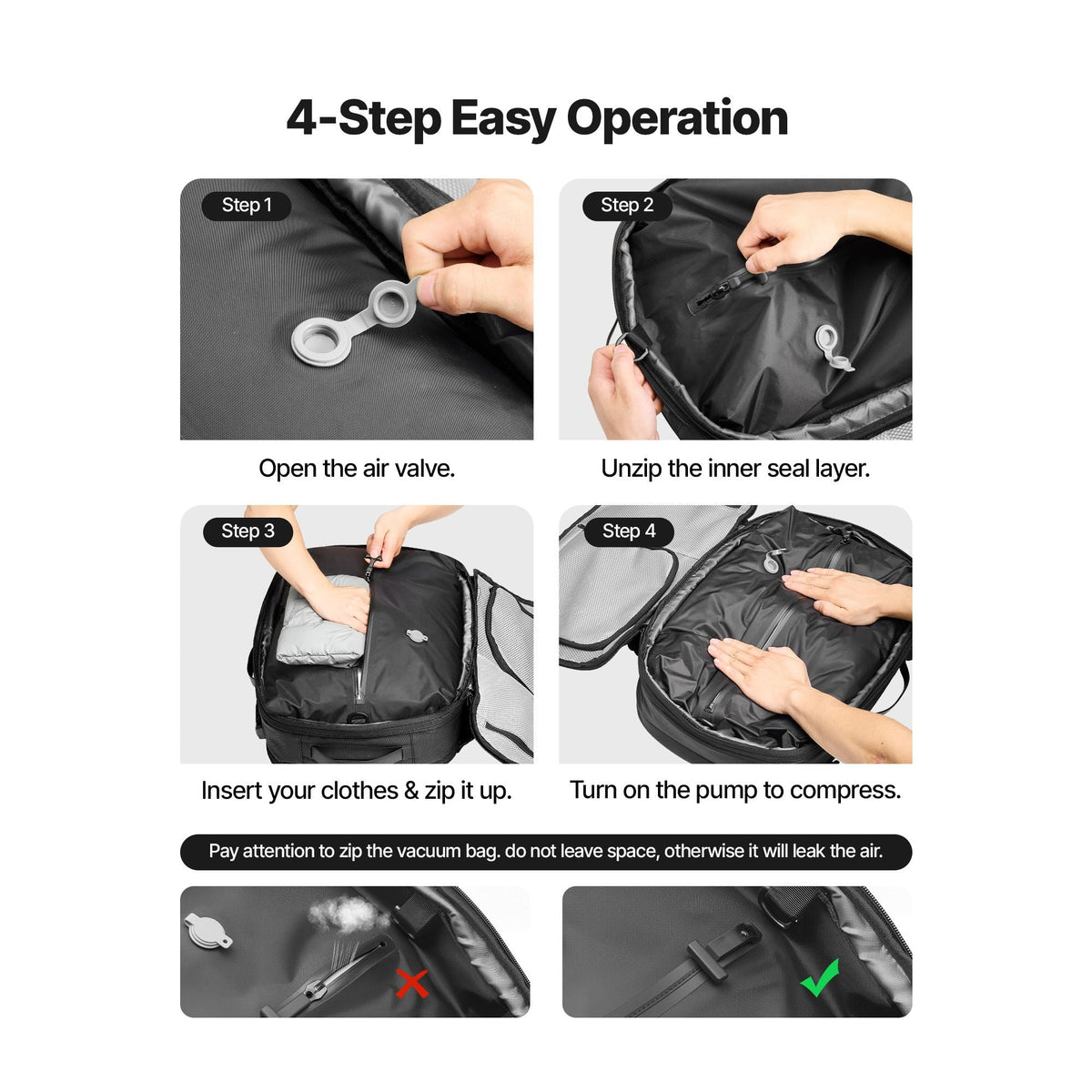 Vacuum Travel Backpack, 65L, Expandable Vacuum Seal Compression Travel Backpack, with TSA-Approved Lock, Multiple Pockets Compartments, Water-Resistant Carry-On Suitcase Luggage, No Pump, Black