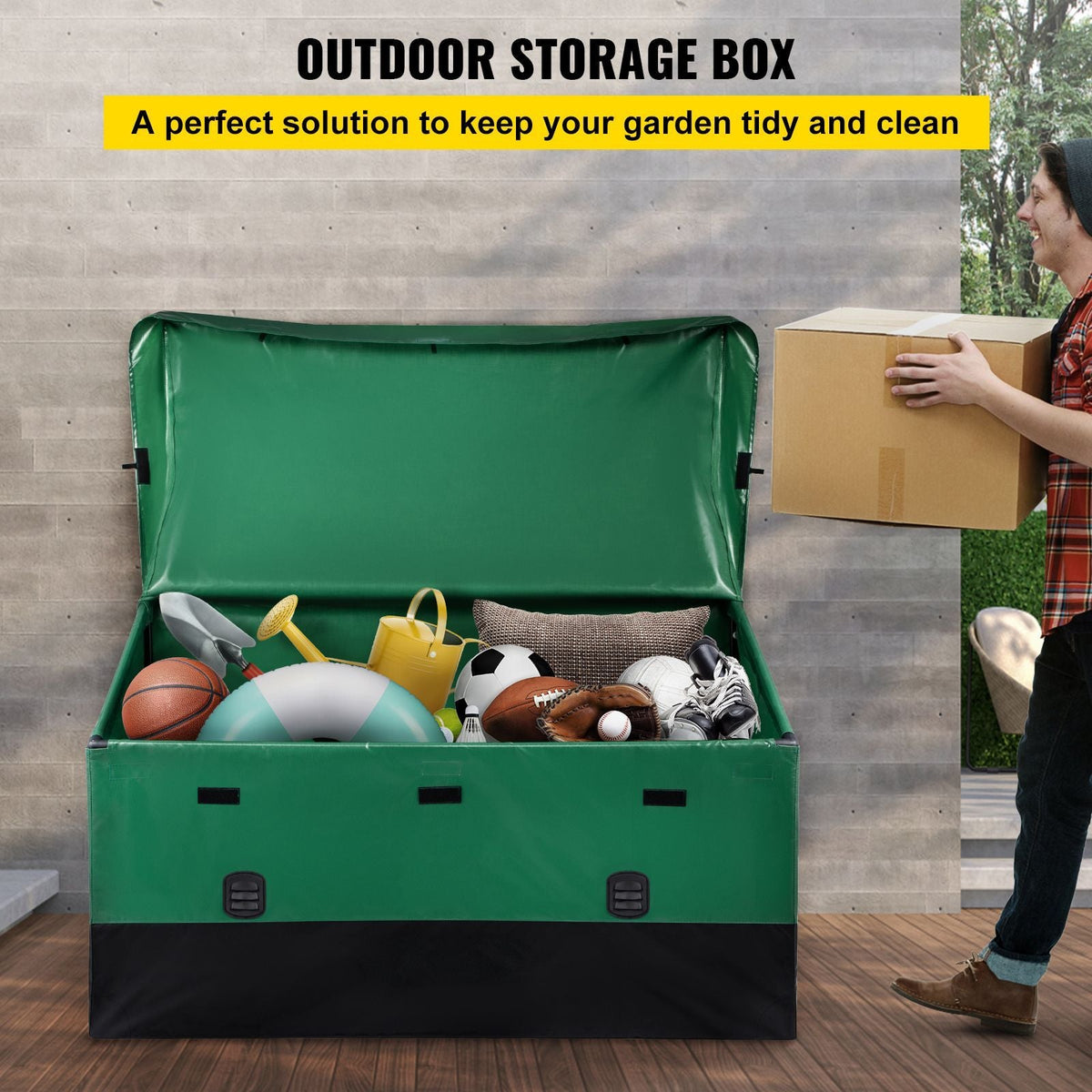 VEOVR Outdoor Storage Box, 150 Gallon Waterproof PE Tarpaulin Deck Box with Galvanized Frame, All-Weather Protection & Portable, for Camping, Garden, Poolside, and Yard, Brown & Blue