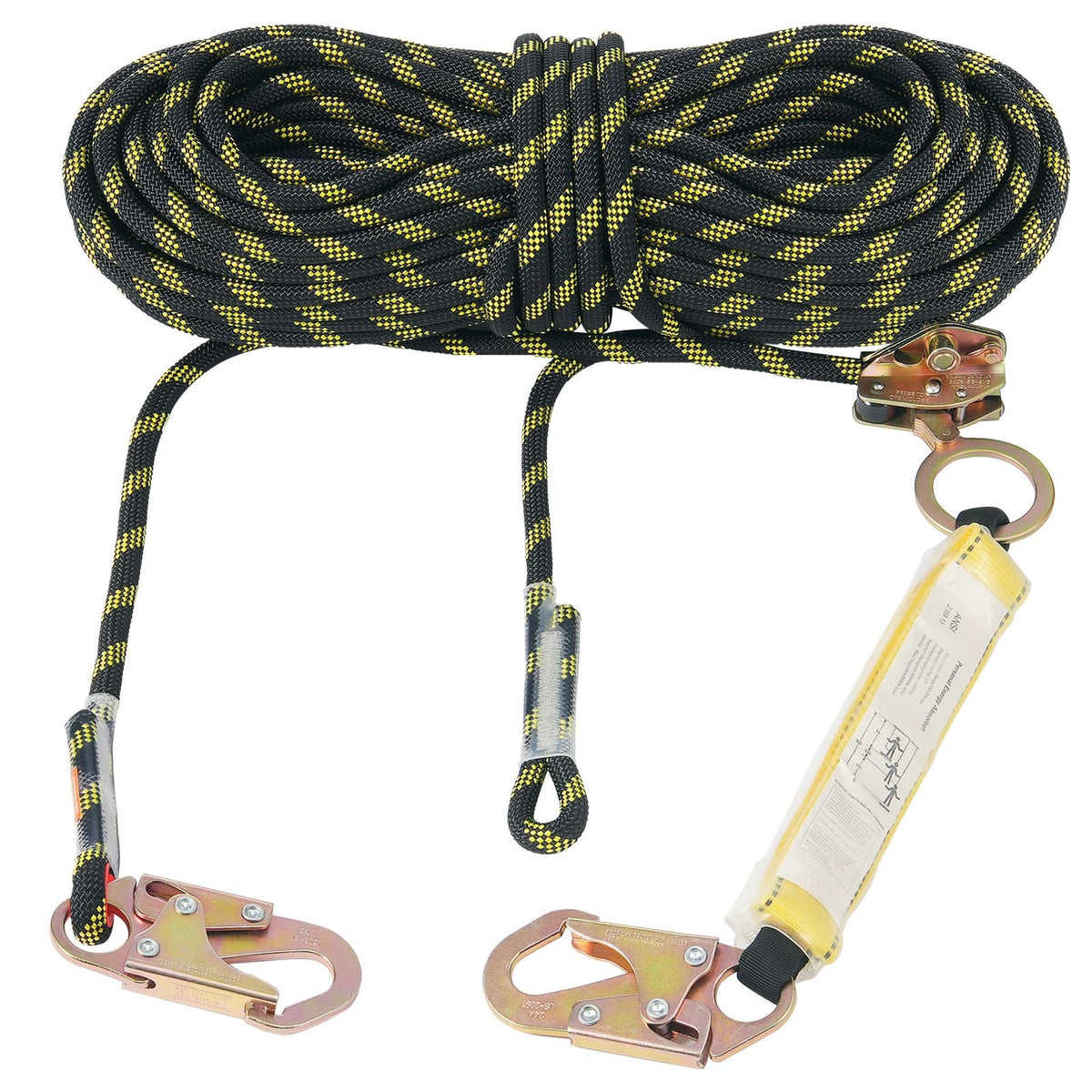 Vertical Lifeline, 150ft (45.7m) Outdoor Climbing Rope 30KN Breaking Tension, Static Rock Climbing Rope with Steel Snap Hooks and Rope Grap, for Escape, Outdoor Adventures, Black & Yellow