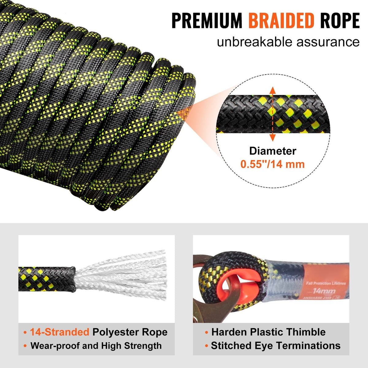 Vertical Lifeline, 150ft (45.7m) Outdoor Climbing Rope 30KN Breaking Tension, Static Rock Climbing Rope with Steel Snap Hooks and Rope Grap, for Escape, Outdoor Adventures, Black & Yellow