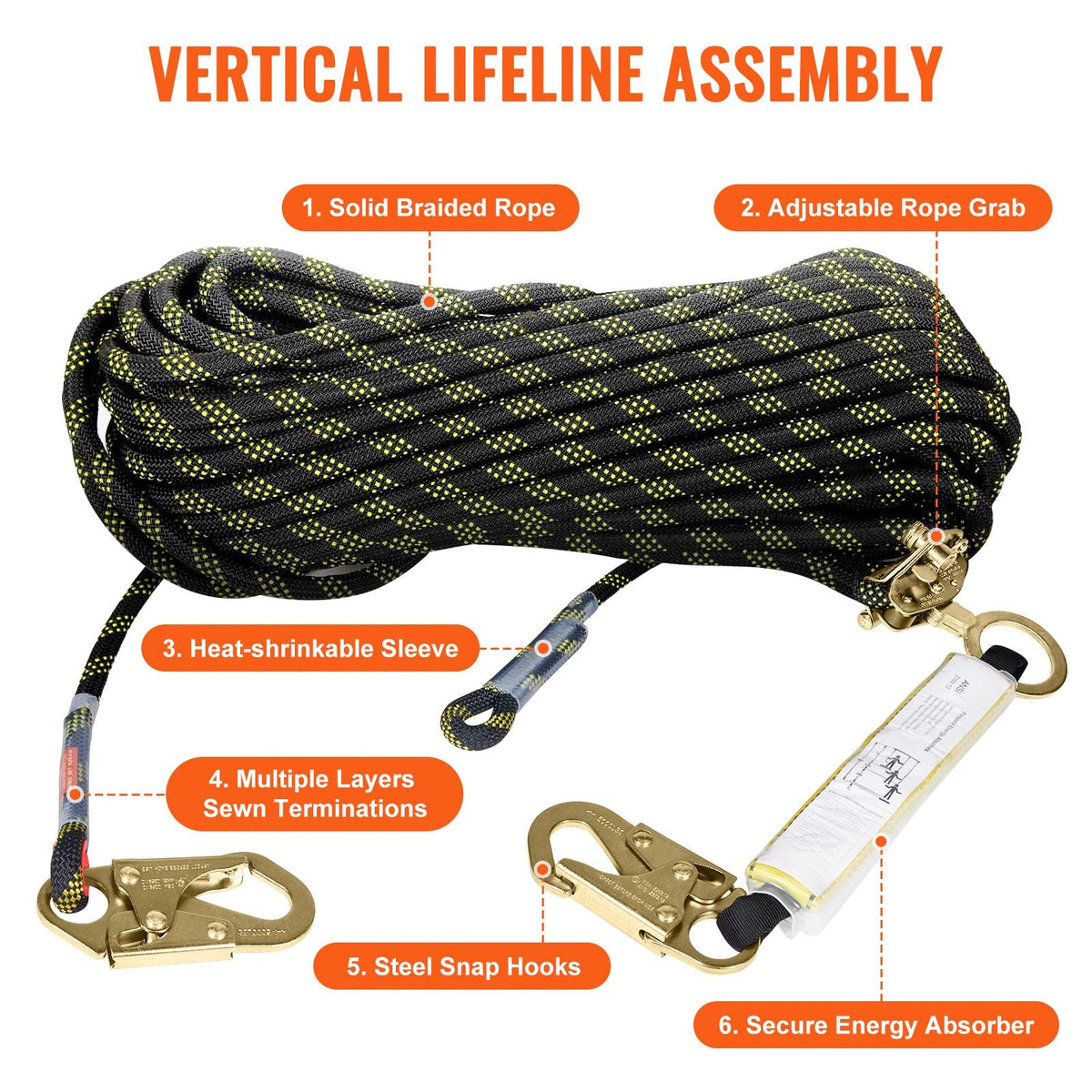 Vertical Lifeline, 150ft (45.7m) Outdoor Climbing Rope 30KN Breaking Tension, Static Rock Climbing Rope with Steel Snap Hooks and Rope Grap, for Escape, Outdoor Adventures, Black & Yellow