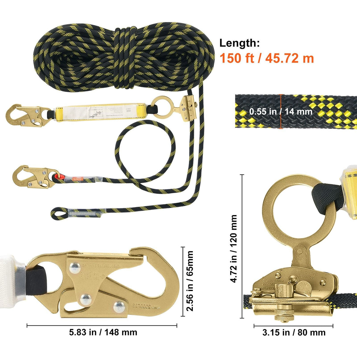 Vertical Lifeline, 150ft (45.7m) Outdoor Climbing Rope 30KN Breaking Tension, Static Rock Climbing Rope with Steel Snap Hooks and Rope Grap, for Escape, Outdoor Adventures, Black & Yellow