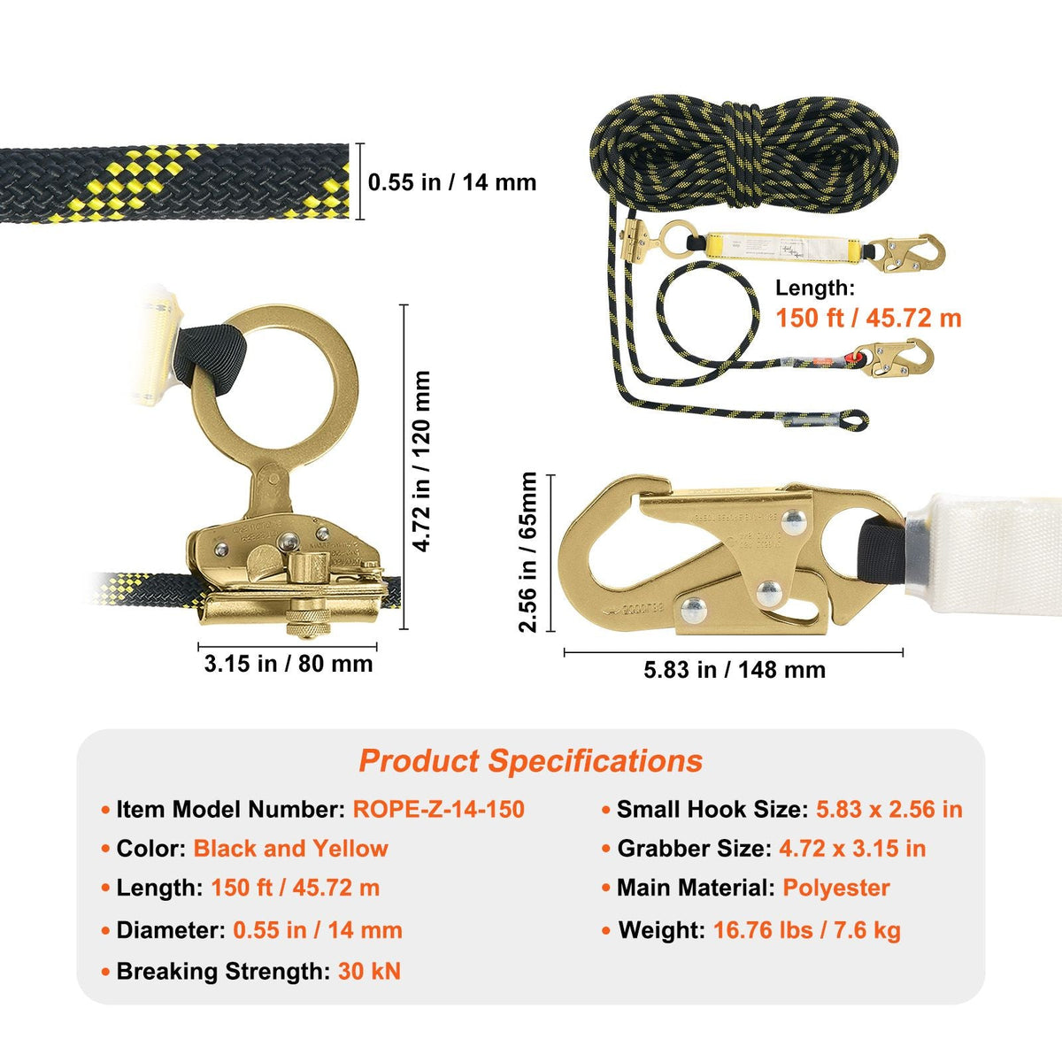 Vertical Lifeline, 150ft (45.7m) Outdoor Climbing Rope 30KN Breaking Tension, Static Rock Climbing Rope with Steel Snap Hooks and Rope Grap, for Escape, Outdoor Adventures, Black & Yellow
