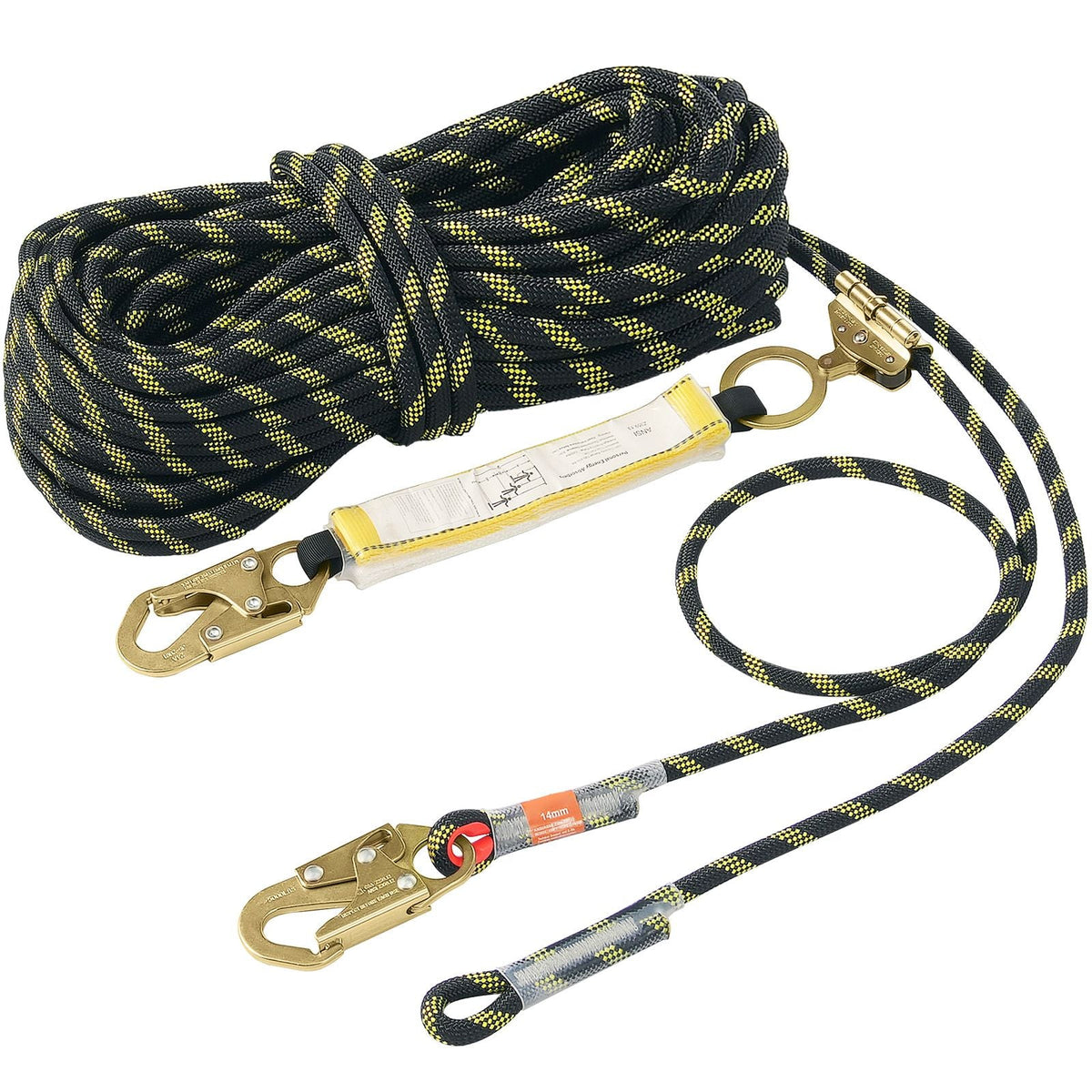 Vertical Lifeline, 150ft (45.7m) Outdoor Climbing Rope 30KN Breaking Tension, Static Rock Climbing Rope with Steel Snap Hooks and Rope Grap, for Escape, Outdoor Adventures, Black & Yellow
