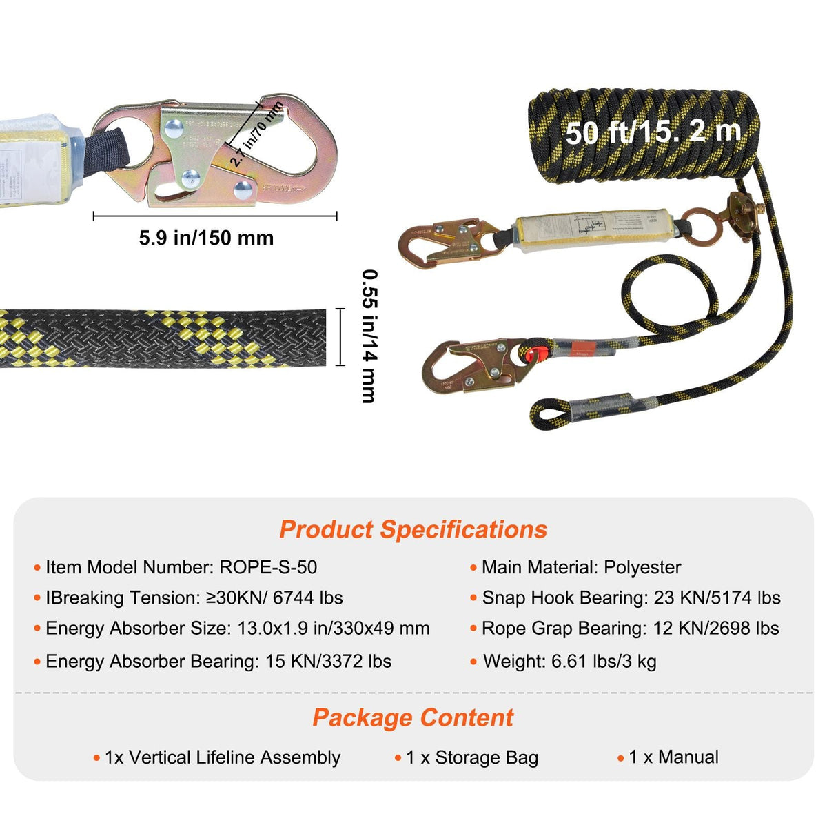 Vertical Lifeline Assembly, 0.55'' x 50' Fall Protection Rope with 30 KN Breaking Tension, Polyester Roofing Rope with Steel Snap Hooks, Rope Grab, and Shock Absorber, ANSI Compliant