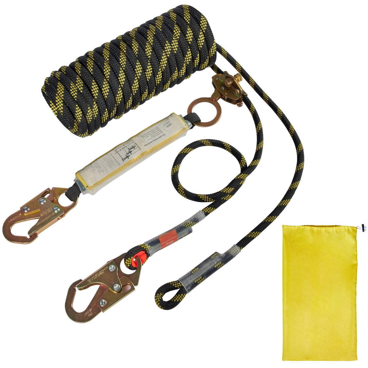 Vertical Lifeline Assembly, 0.55'' x 50' Fall Protection Rope with 30 KN Breaking Tension, Polyester Roofing Rope with Steel Snap Hooks, Rope Grab, and Shock Absorber, ANSI Compliant