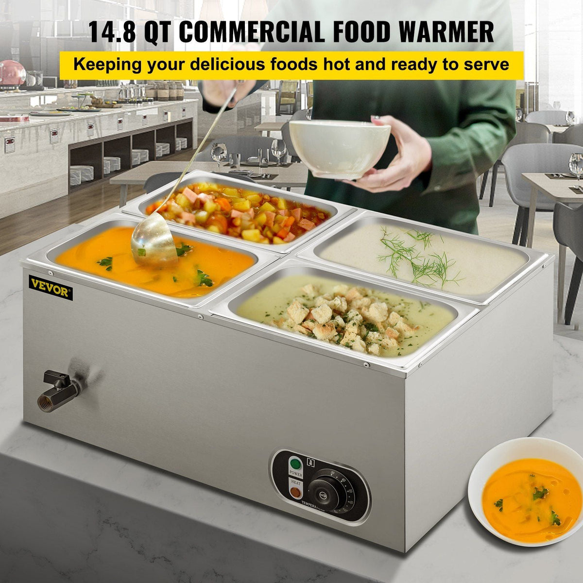 110V Commercial Food Warmer 4x1/4GN, 4-Pan Stainless Steel Bain Marie 14.8 Qt Capacity,1500W Steam Table 15cm/6inch Deep,Temp. Control 86-185, Electric Soup Warmer w/Lids & 2 Ladles