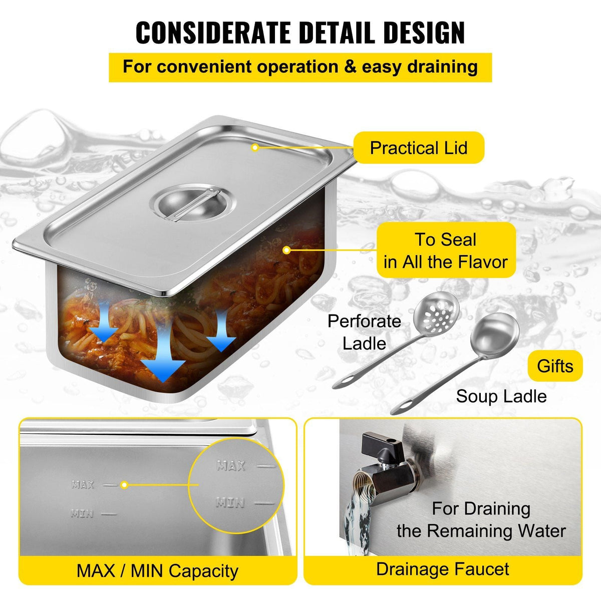 110V Commercial Food Warmer 4x1/4GN, 4-Pan Stainless Steel Bain Marie 14.8 Qt Capacity,1500W Steam Table 15cm/6inch Deep,Temp. Control 86-185, Electric Soup Warmer w/Lids & 2 Ladles