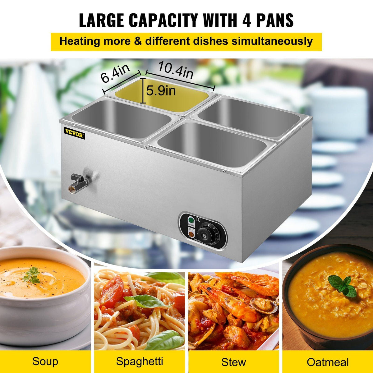 110V Commercial Food Warmer 4x1/4GN, 4-Pan Stainless Steel Bain Marie 14.8 Qt Capacity,1500W Steam Table 15cm/6inch Deep,Temp. Control 86-185, Electric Soup Warmer w/Lids & 2 Ladles