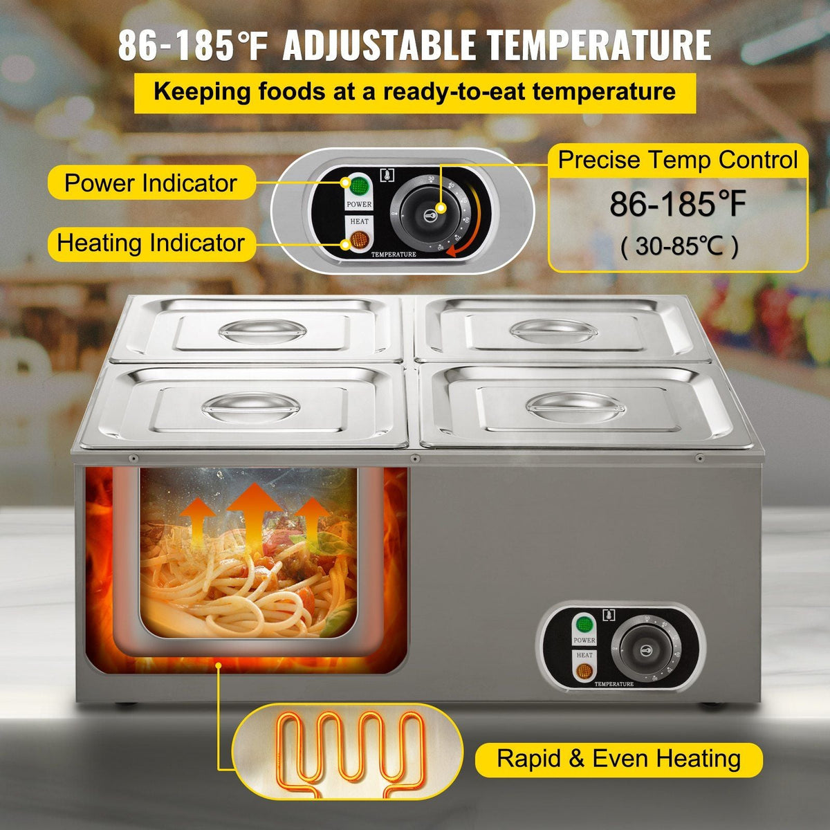 110V Commercial Food Warmer 4x1/4GN, 4-Pan Stainless Steel Bain Marie 14.8 Qt Capacity,1500W Steam Table 15cm/6inch Deep,Temp. Control 86-185, Electric Soup Warmer w/Lids & 2 Ladles