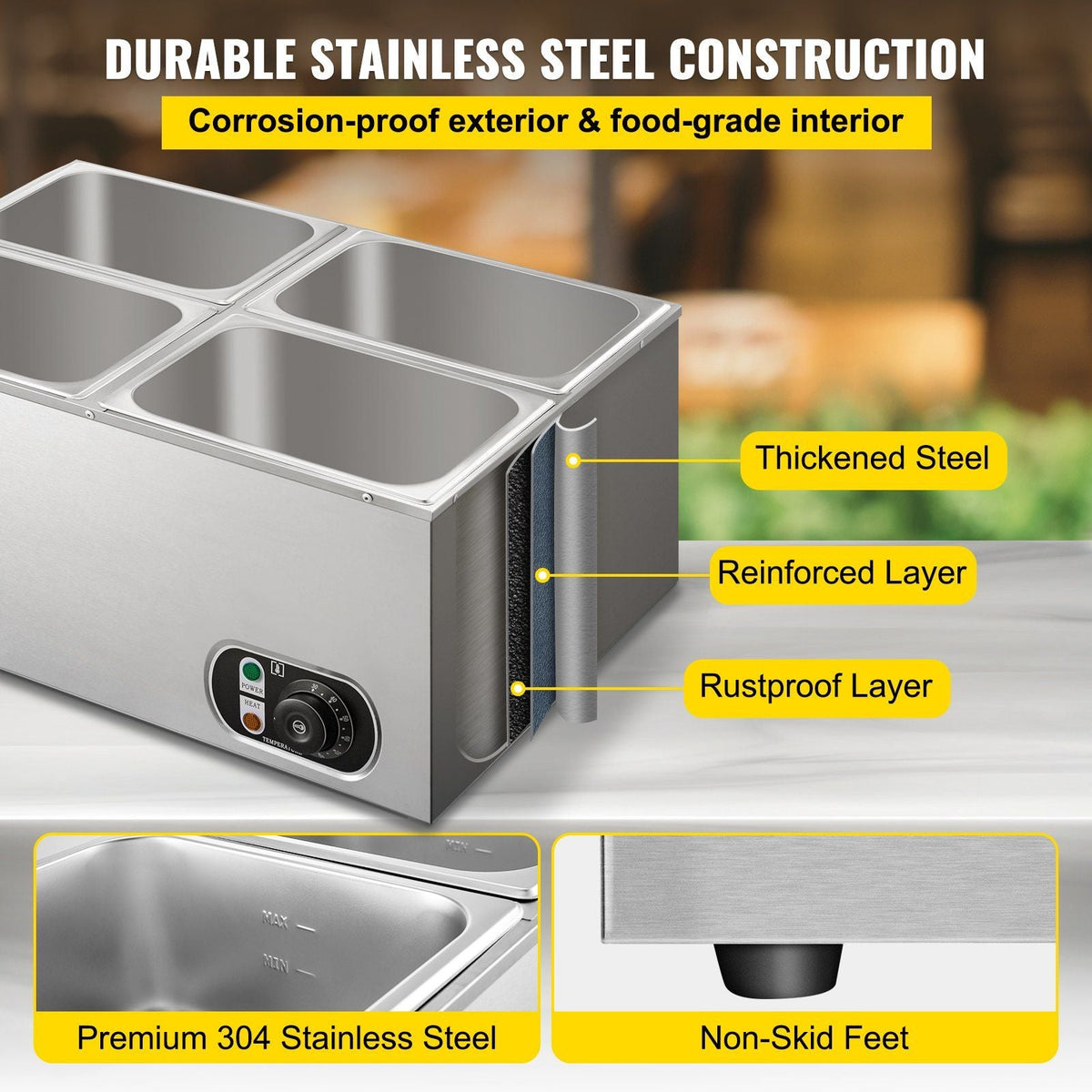 110V Commercial Food Warmer 4x1/4GN, 4-Pan Stainless Steel Bain Marie 14.8 Qt Capacity,1500W Steam Table 15cm/6inch Deep,Temp. Control 86-185, Electric Soup Warmer w/Lids & 2 Ladles