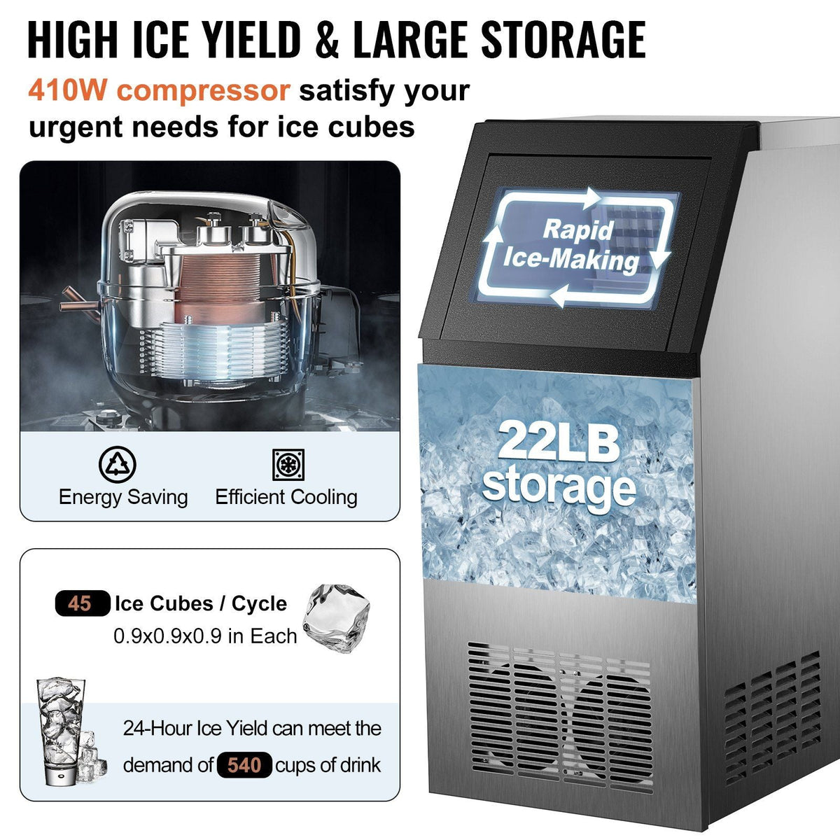 110V Commercial Ice Maker 120LBS/24H with 22LBs Storage Ice Maker Machine Stainless Steel Portable Automatic Ice Machine with Scoop and Connection Hoses Perfect for Restaurants Bars Cafe