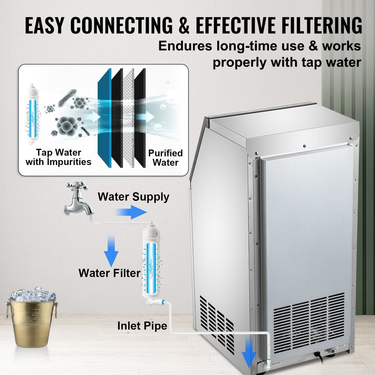 110V Commercial Ice Maker 120LBS/24H with 22LBs Storage Ice Maker Machine Stainless Steel Portable Automatic Ice Machine with Scoop and Connection Hoses Perfect for Restaurants Bars Cafe