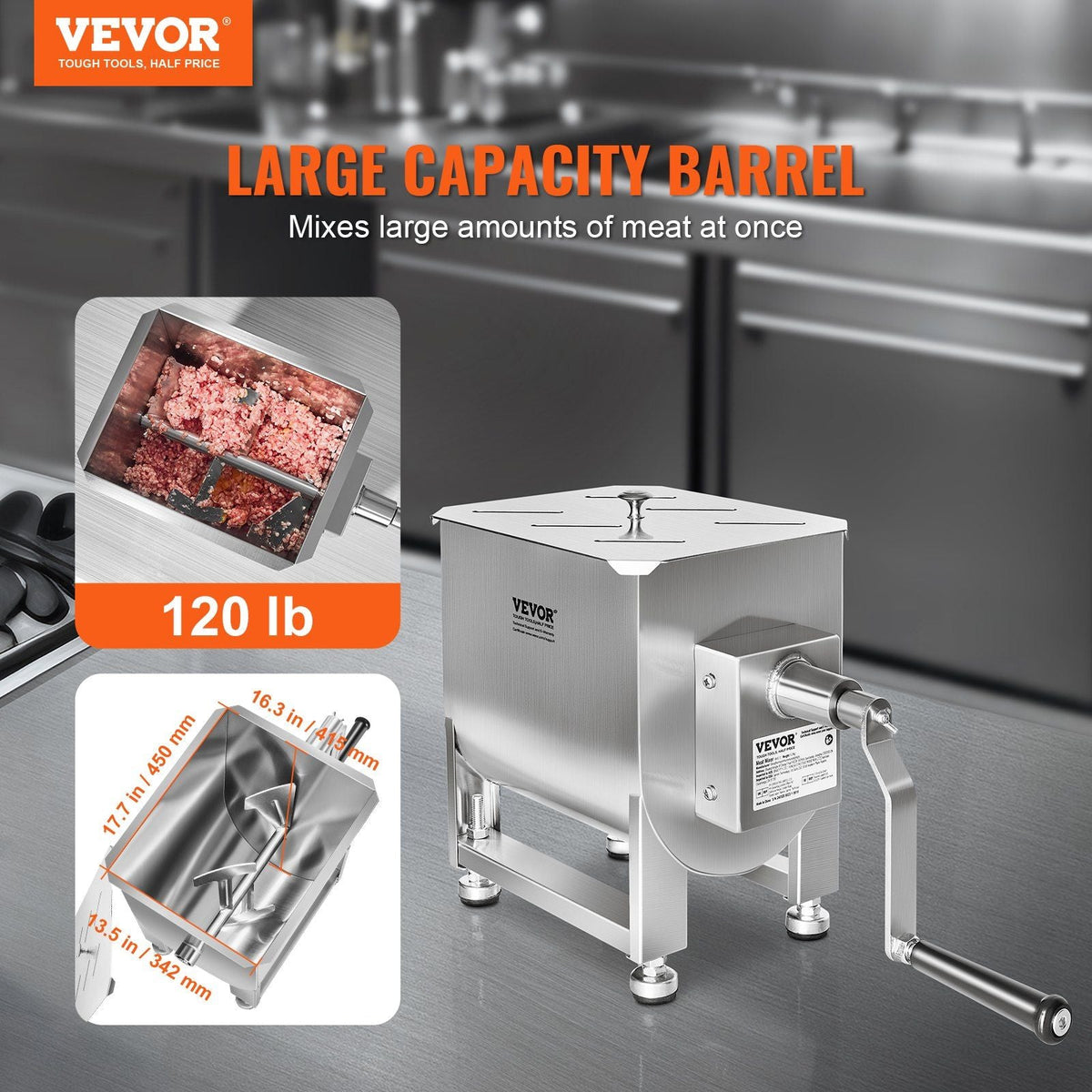 120 Pound Manual Meat Mixer Sausage Hand Mixer Machine Stainless Steel