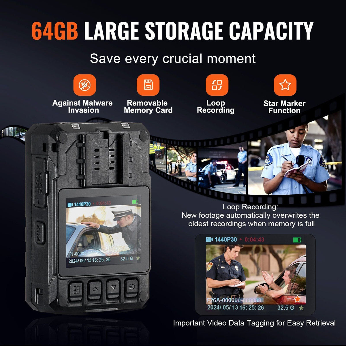 1440P HD Police Body Camera, 64GB Body Cam with Audio Video Recording Picture, Built-in 3500 mAh Battery, 2.0" LCD, Infrared Night Vision, Waterproof GPS Personal Body Cam for Law Enforcement