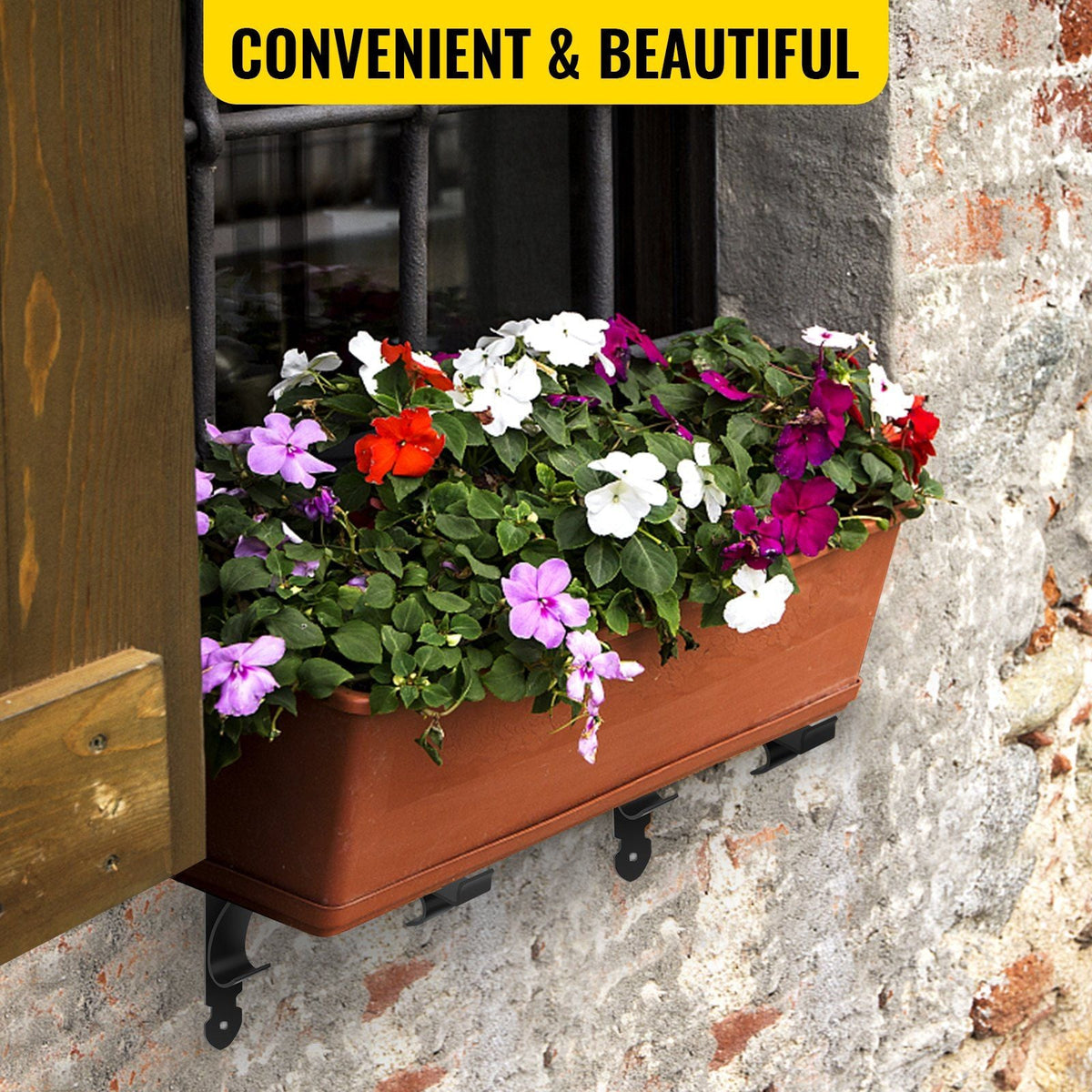 2 PCS Window Box Brackets 88lbs Planter Box Brackets 24 x 10.5 x 10 in Black Planter Mounting Bracket Iron Material Black Window Box Hanger Bracket for Flower Box Durable Window Box Holder