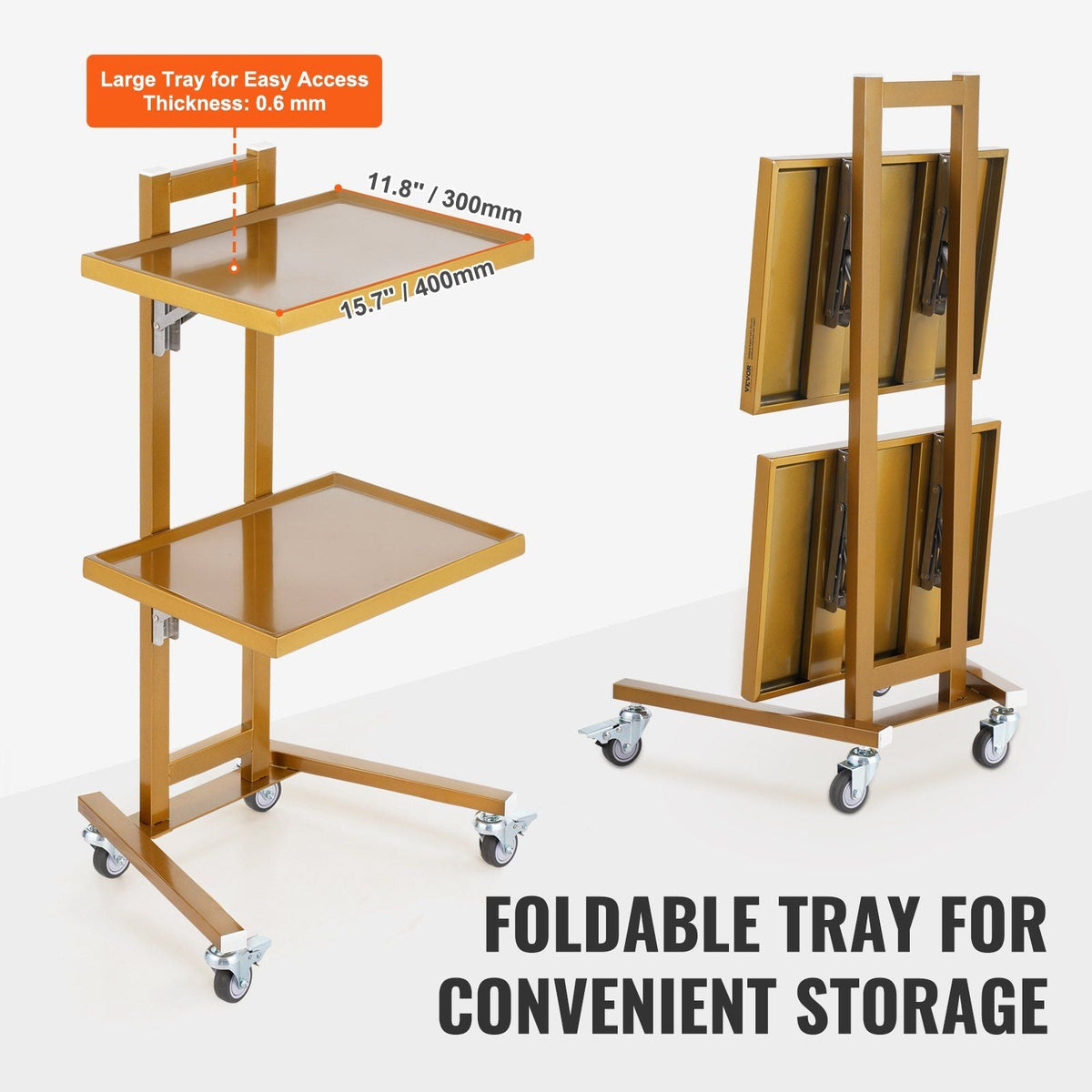 2 Tiers Stainless Steel Lab Carts with 2 Trays & 4 Silent Wheels Golden