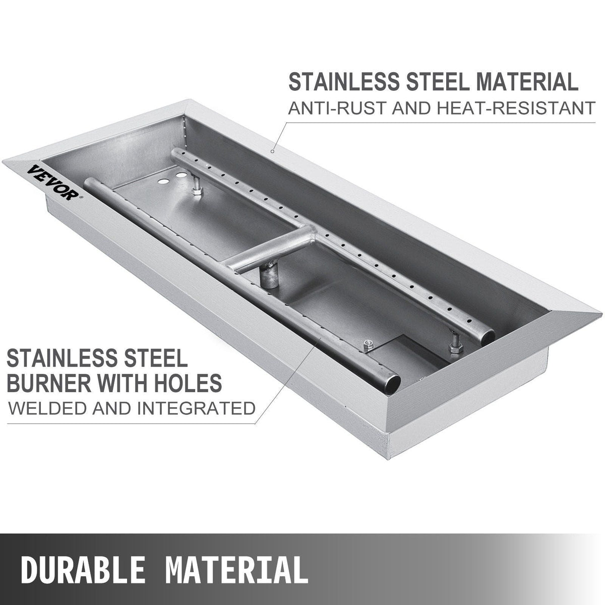 20x8 Inch Stainless Steel Rectangular Built-in Fire Pit Pan with H-Burner, Silver