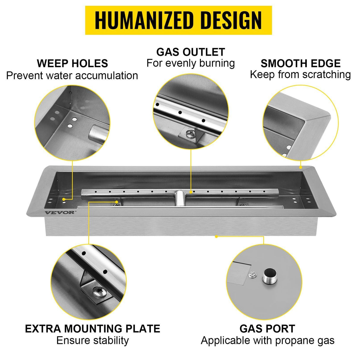 20x8 Inch Stainless Steel Rectangular Built-in Fire Pit Pan with H-Burner, Silver