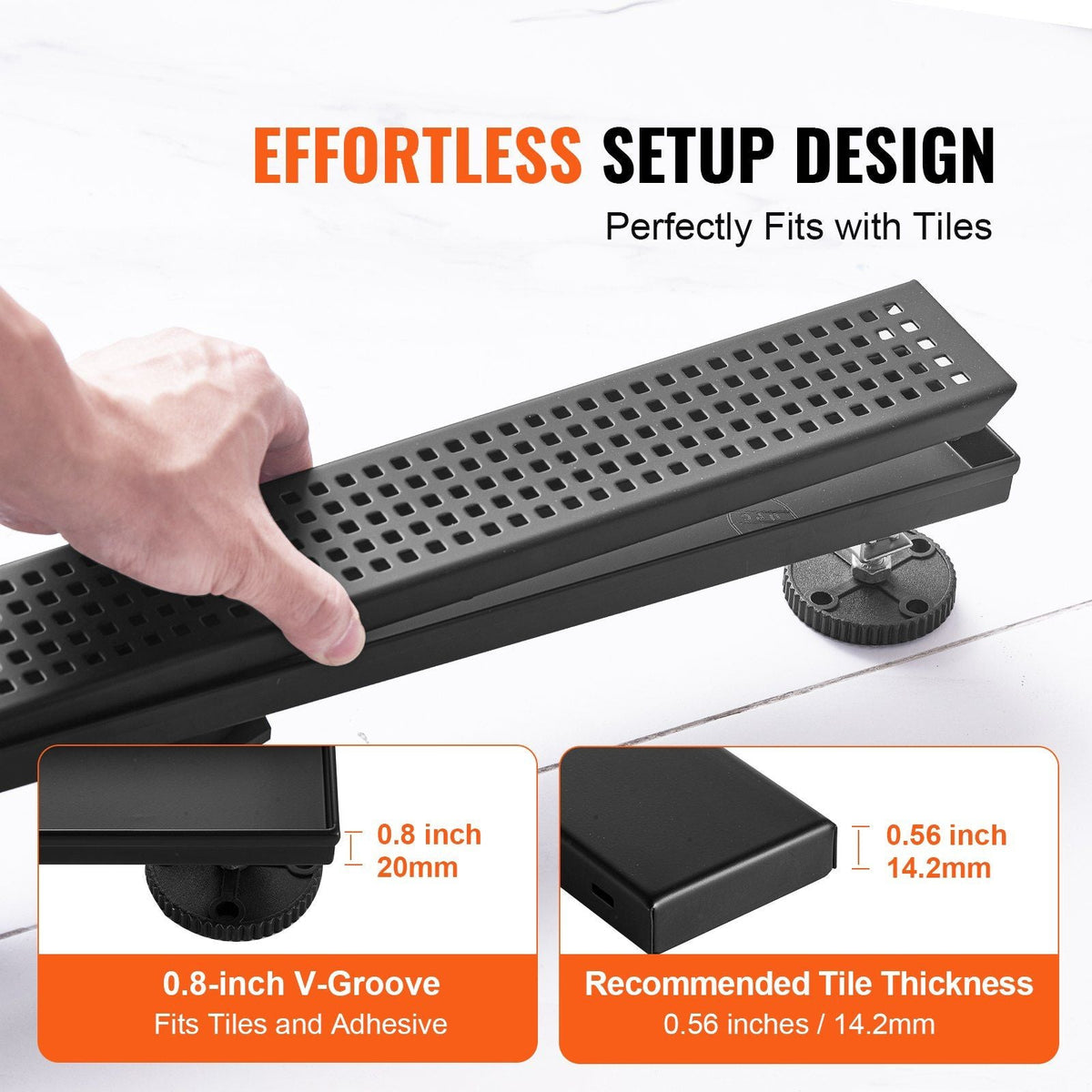 24-Inch Linear Shower Drain with Square Pattern Grate,Brushed 304 Stainless Steel Rectangle Shower Floor Drain, Sleek Linear Drain with Hair Strainer, Matte Black
